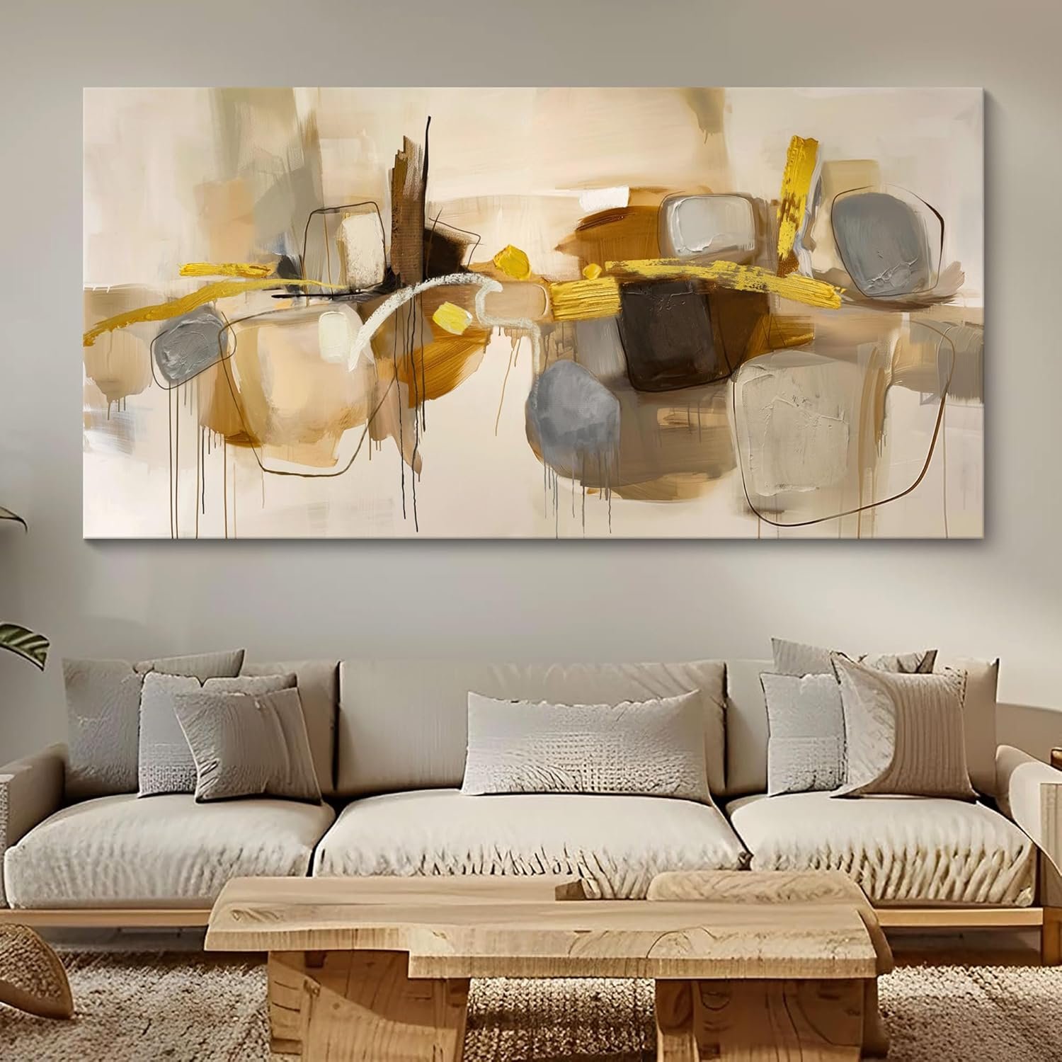 HGUAOA Abstract Wall Art for Living Room – Large Yellow and Orange Geometric Artwork – Modern Paintings for Office Decor – Contemporary Big Wall Decor for Home or Office 20×40IN