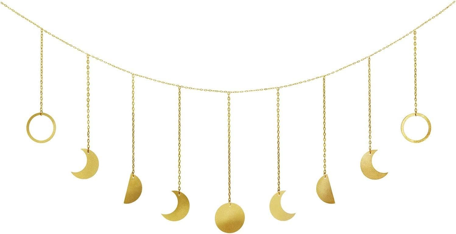 Mkono Moon Phase Wall Hanging Boho Aesthetic Room Decor Metal Moons Garland Hanging Art Bohemian Home Decoration for Girls Room Nursery Bedroom Livingroom Dorm, Ideal, Gold, 50″