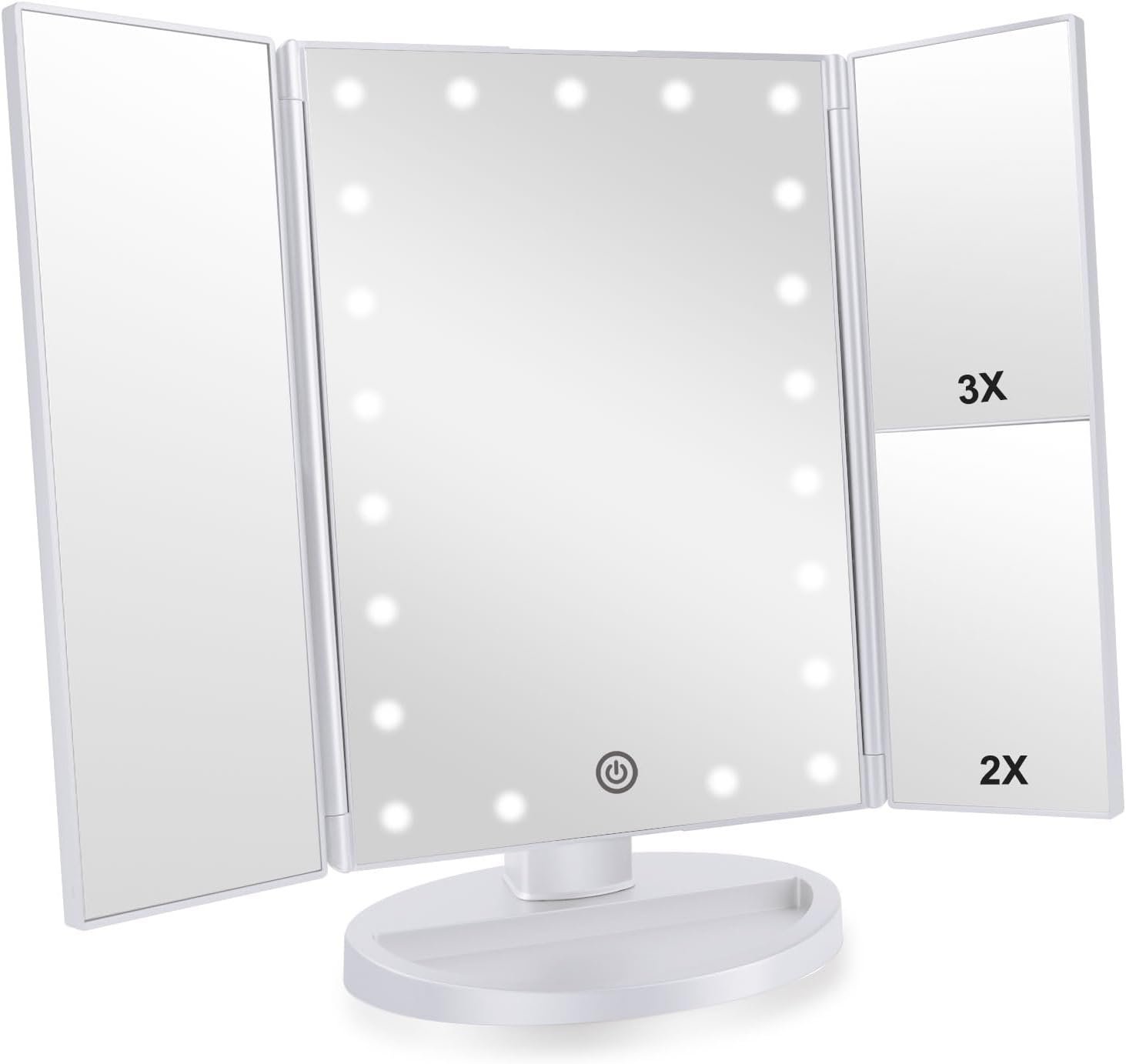 Trifold Makeup Mirror Vanity Mirror with Lights,1X 2X 3X Magnification,Touch Screen,180 Adjustable Rotation,Portable Travel Bathroom Cosmetic Mirror