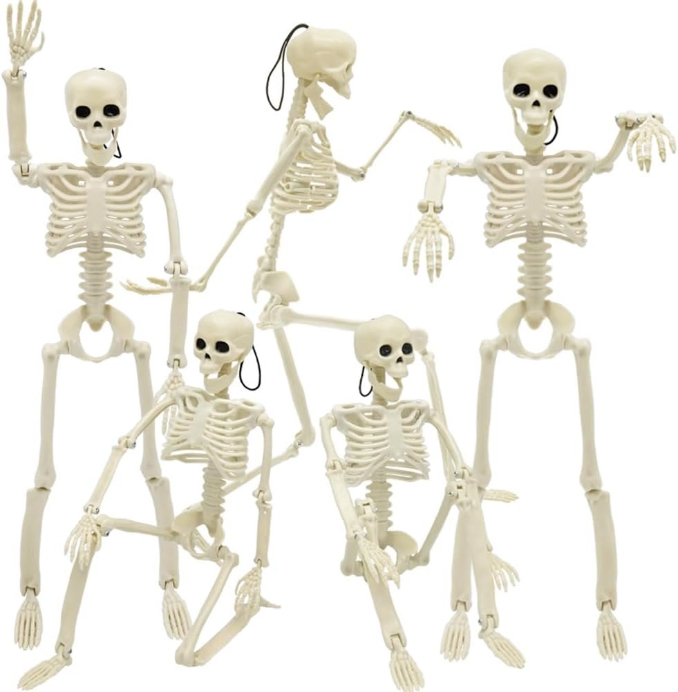 WODMAZ 5 Packs Halloween Skeletons, 16″ Halloween Full Body Skeleton with Posable Joints for Haunted House Graveyard Props Decor
