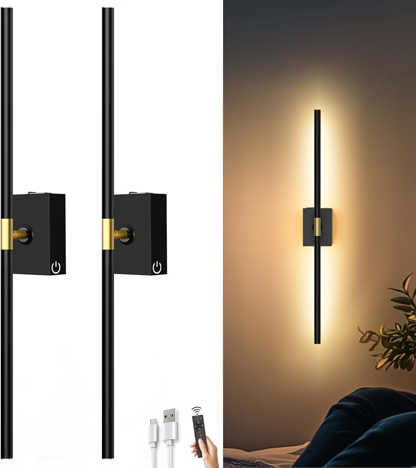 Battery Operated Wall Sconces Set of 2: 10000mAh Rechargeable Wall Lights with Remote Control, 360° Rotate Wireless Wall Scone Decor for TV/Mirror Bedroom Living Room, 31.5 Inch, Black