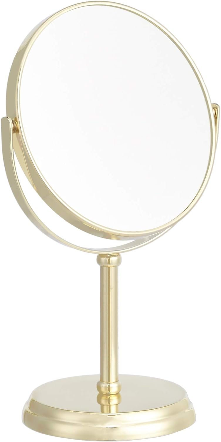 Amazon Basics Tabletop Magnifying Mount Vanity Round Mirror, 1X/5X Magnification, Iron Frame, 7.2″L x 4.92″W, Gold