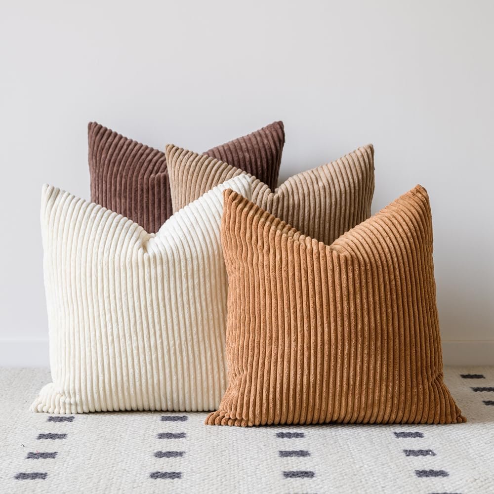 LANANAS Neutral Couch Throw Pillow Covers 18×18 Inch Set of 4 Decorative Farmhouse Boho Throw Pillows for Living Room, Couch, Bed, Sofa Soft Corduroy Accent Home Decor (Neutral Brown, 18×18 Inch)