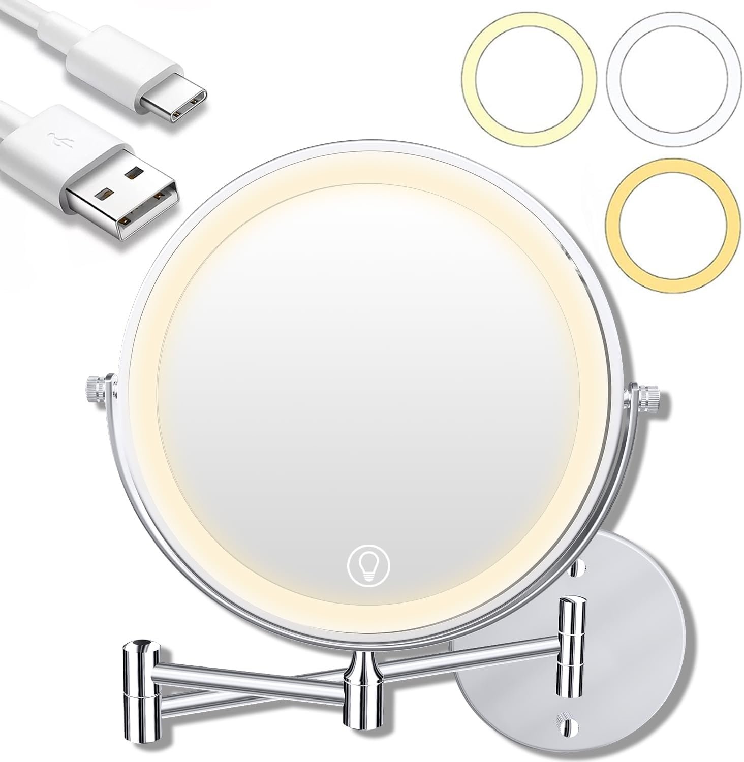 Unimiro 9inch Wall Mounted Makeup Mirror with Light, 1x/20x 5000mAh Rechargeable Magnifying Mirror with Light, 360° Rotate Bathroom Mirror with Lights, 3 Color, 80 LEDs, Stepless Dimmable