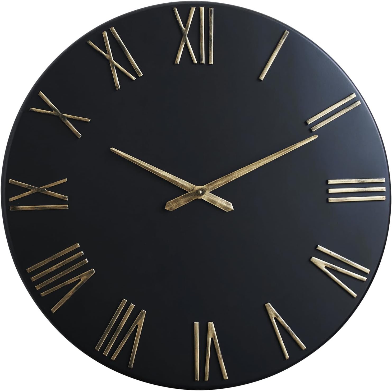 Oversized Modern Wall Clock – 30 inch, Contemporary Simple, Matte Black, Distressed Gold Roman Numerals, Metal Face, Battery Operated, Minimalist Decorative Wall Clock for Living Room, Kitchen