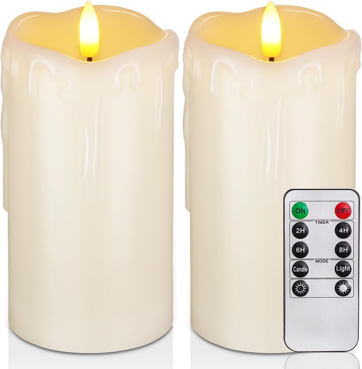 Homemory Dripping Wax Flameless Candles, Battery Operated Candles with Remote Control and Timers, LED Pillar Candles, Electric Fake Candles, 3″ x 6″, Set of 2
