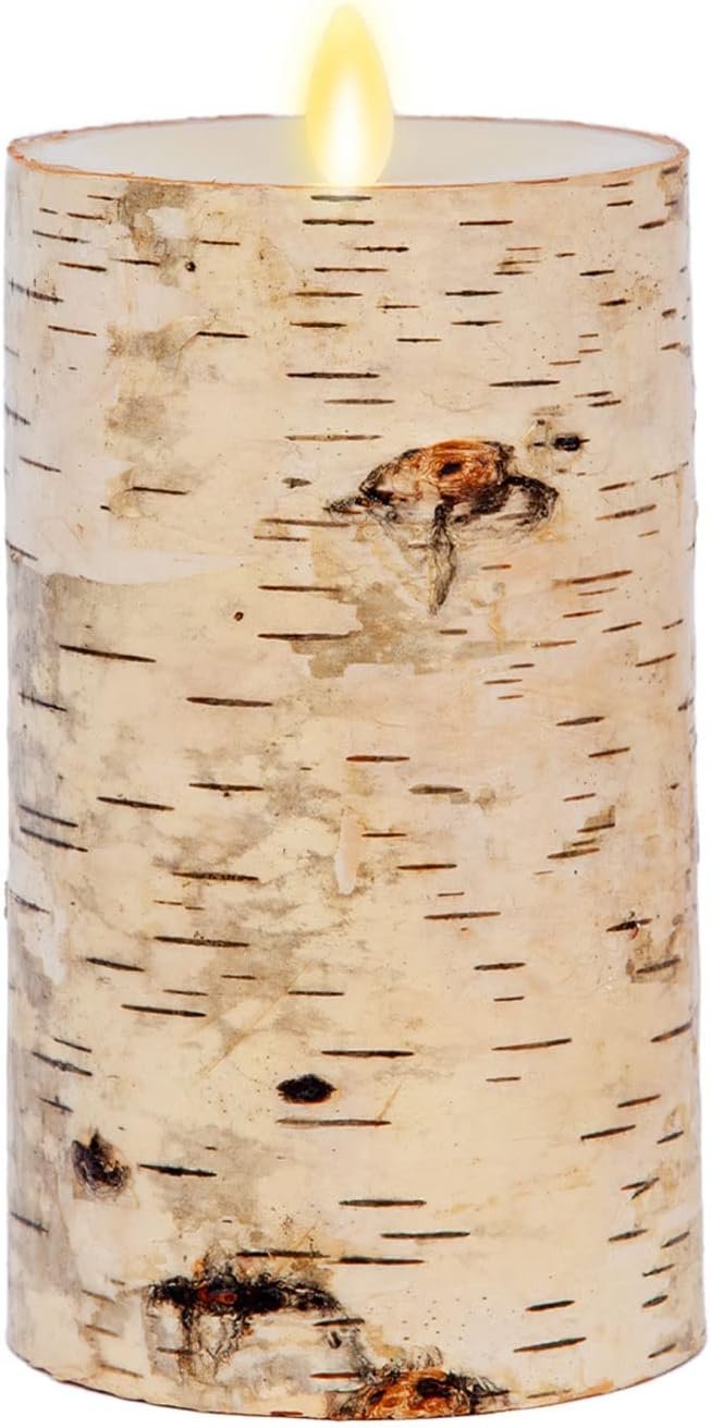 Luminara Real Birch Bark Wrapped Flameless LED Candle, 3.5″ x 6.5″, Battery Operated Moving Flame Pillar Light with Timer – Natural Decor Unscented
