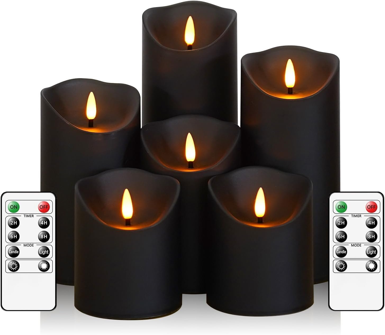 Fo32won Flameless Flickering Candles with Remote Timer, Set of 6 Led Black Battery Operated Candles for Home Decor Xmas Halloween (D3 x H3 3″ 4″ 5″ 6″ 7″)