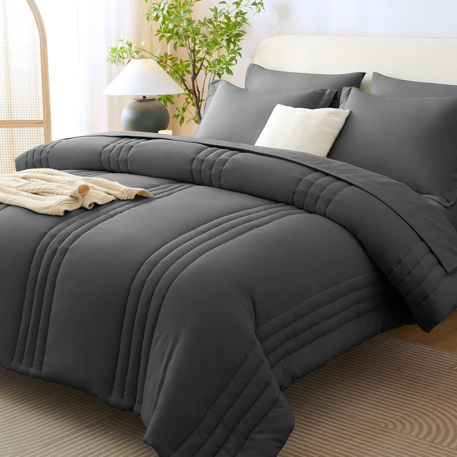 CozyLux Queen Size Comforter Sets – 7 Piece Bed in a Bag Dark Grey Comforter Set with Sheets Queen Bed Set All Seasons, Bedding Set with Down Alternative Comforter, Sheets, Pillowcases & Shams
