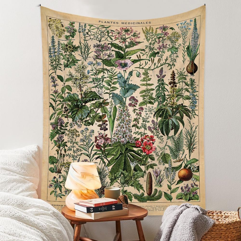 Vintage Flowers Tapestry 48”x36”, Long Vertical Wall Hanging Reference Illustrative Botanical Tapestries for Bedroom Aesthetic Floral Tapistry Botanical Plants Tapestry Wall Hanging Cute Bedroom Decor
