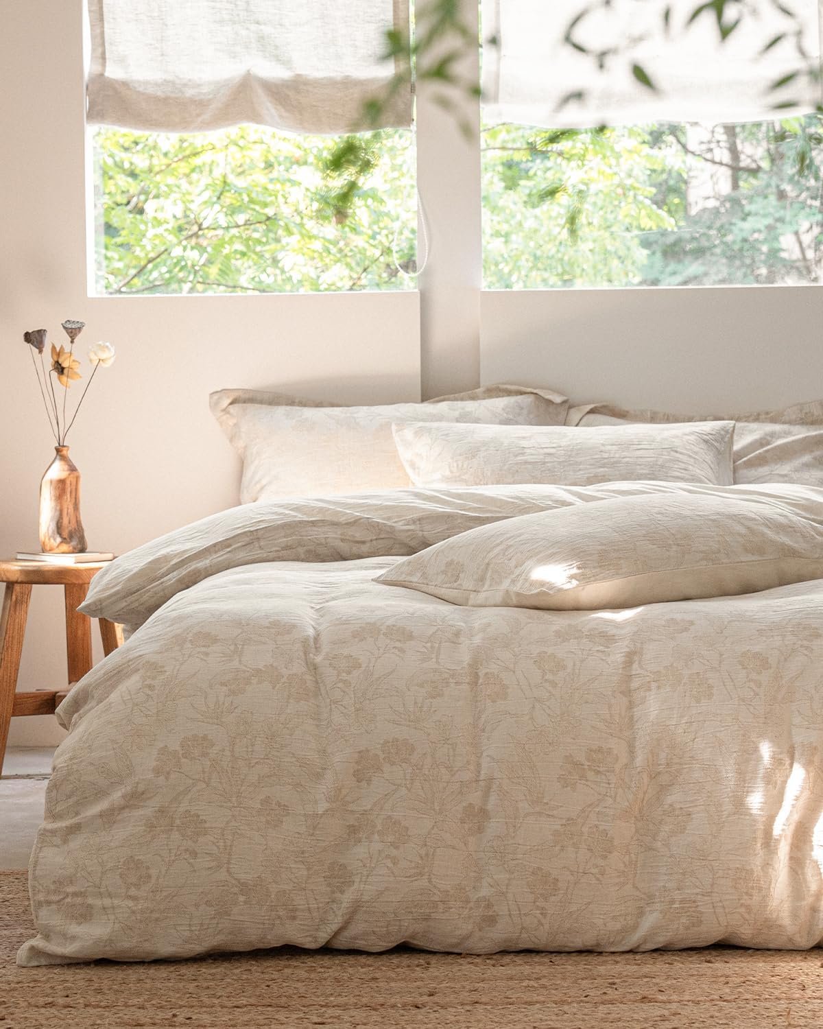 MILDLY Linen Cotton Duvet Cover – Garden Floral Jacquard Textured Comforter Cover Set 3pcs with Zipper Closure Breathable & Minimalist for All Season