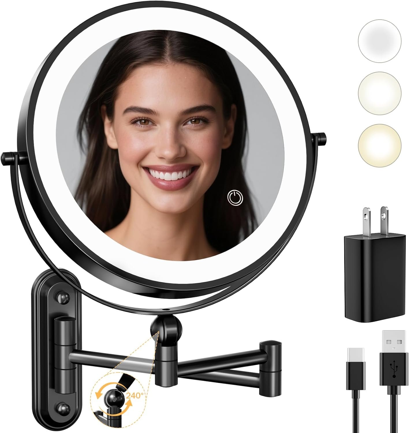 Rocollos 9-Inch Large Makeup Mirror with 30X Magnification, Rechargeable Wall Mounted Vanity Mirror with Lights, 3 Color Dimmable LED, Touch Screen & Retractable Arm-Black (9INCH-Black)