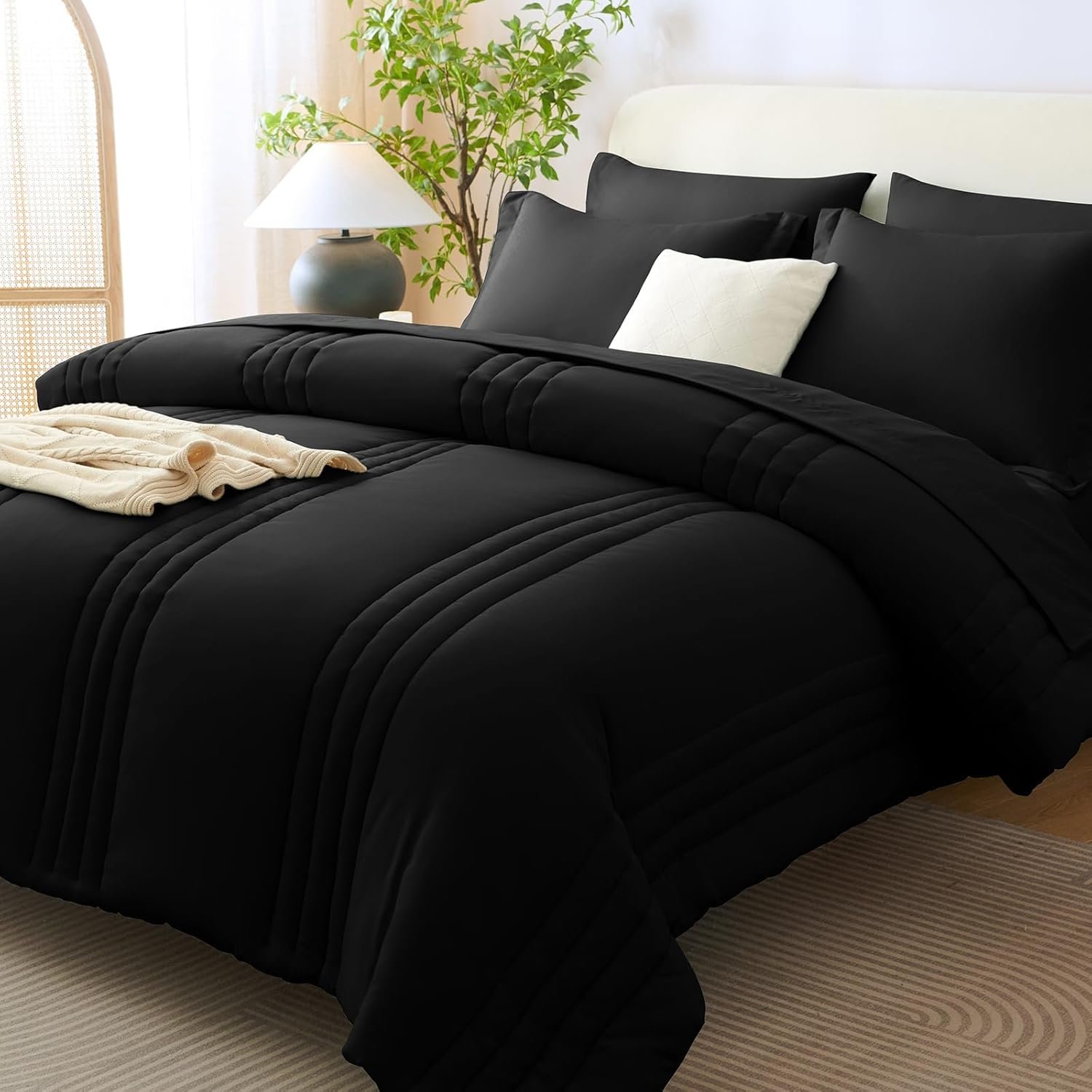 CozyLux Queen Size Comforter Sets – 7 Piece Bed in a Bag Black Comforter Set with Sheets Queen Bed Set All Seasons, Soft Bedding Set with Down Alternative Comforter, Sheets, Pillowcases & Shams