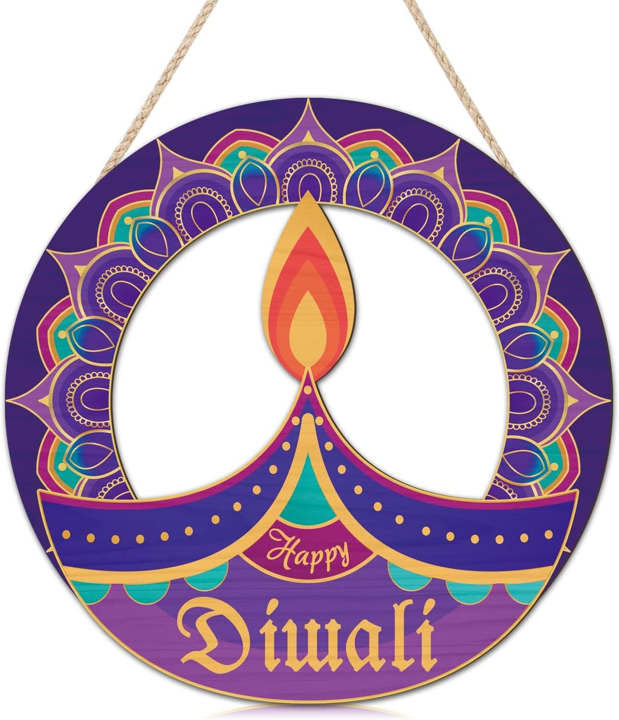 TOARTi Happy Diwali Front Door Sign Hanging(11.4×11.4”), Mandala Indian Festival Party Wood Wall Hanger, Diwali Festival of Lights Deepavali Decor for Home Porch Office