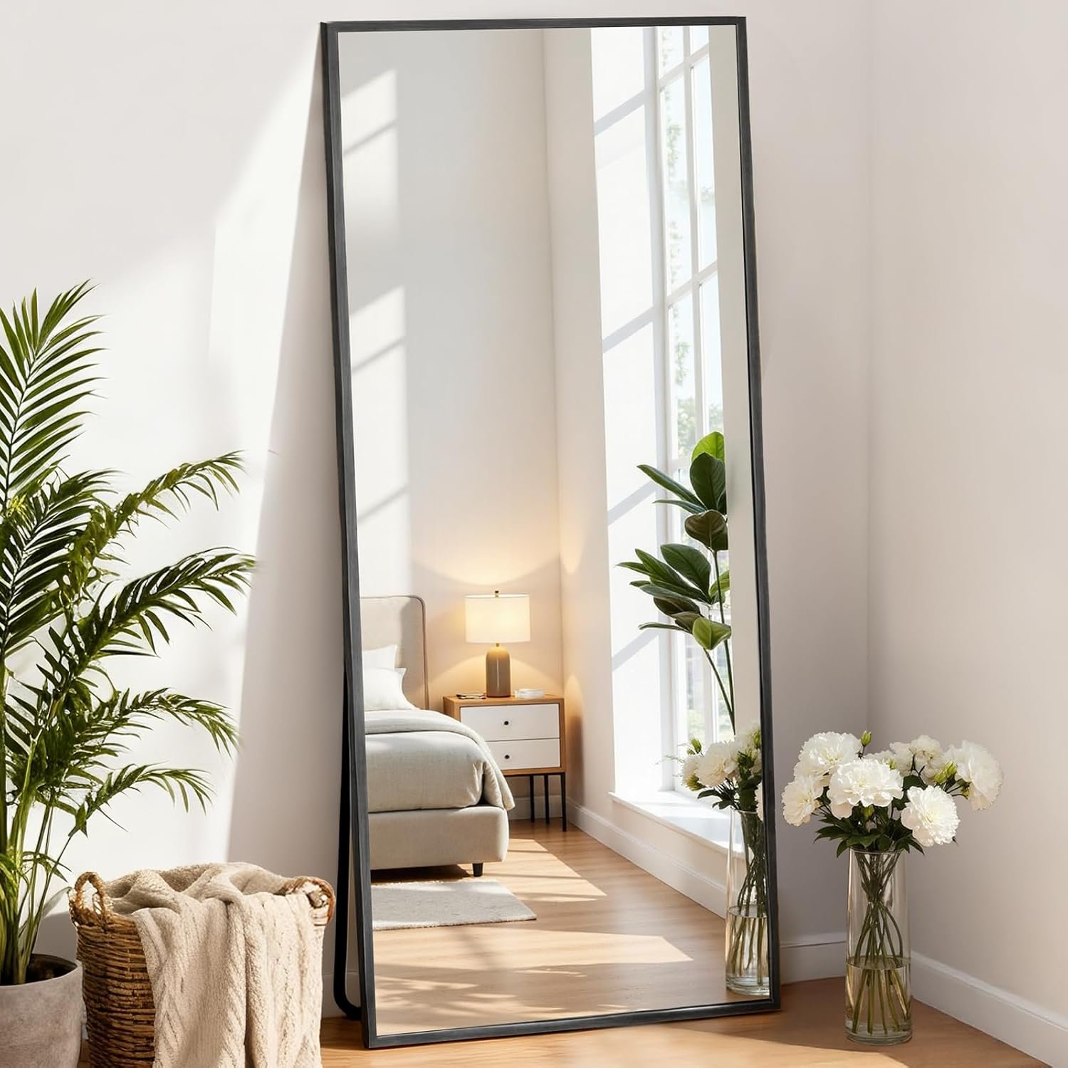 DUMOS Full Length Mirror 59″x16″ Full Body Floor Mirror for Bedroom or Cloakroom, Can Stand Alone, Hang or Lean Against Wall, Tall Wall Mirror with Stand and Sleek Aluminum Alloy Thin Frame