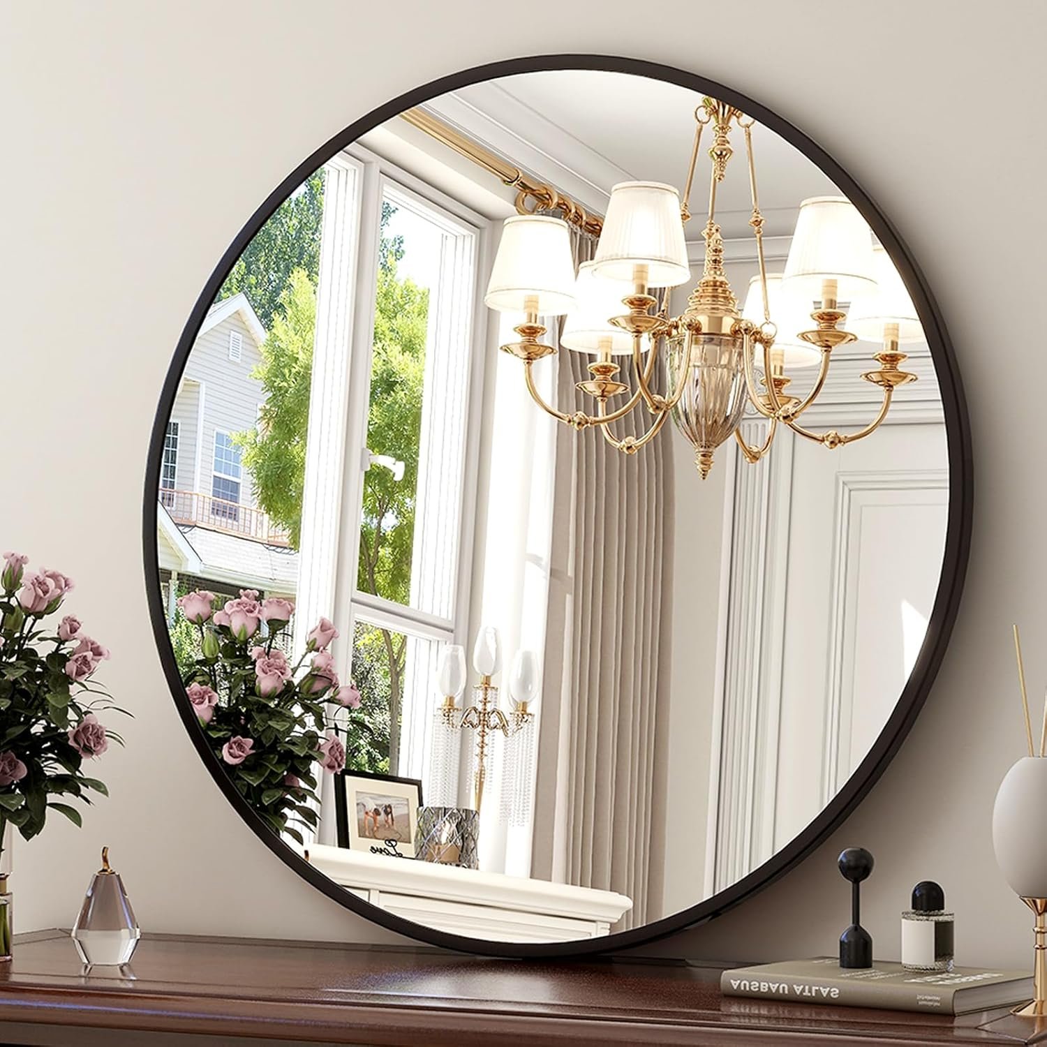 24 Inch Round Mirror – Circle Mirrors for Bathroom, Entryway and Living Room Wall Decor, Modern Hanging Vanity Mirror, Matte Black Circle Decorative Wall Mirror