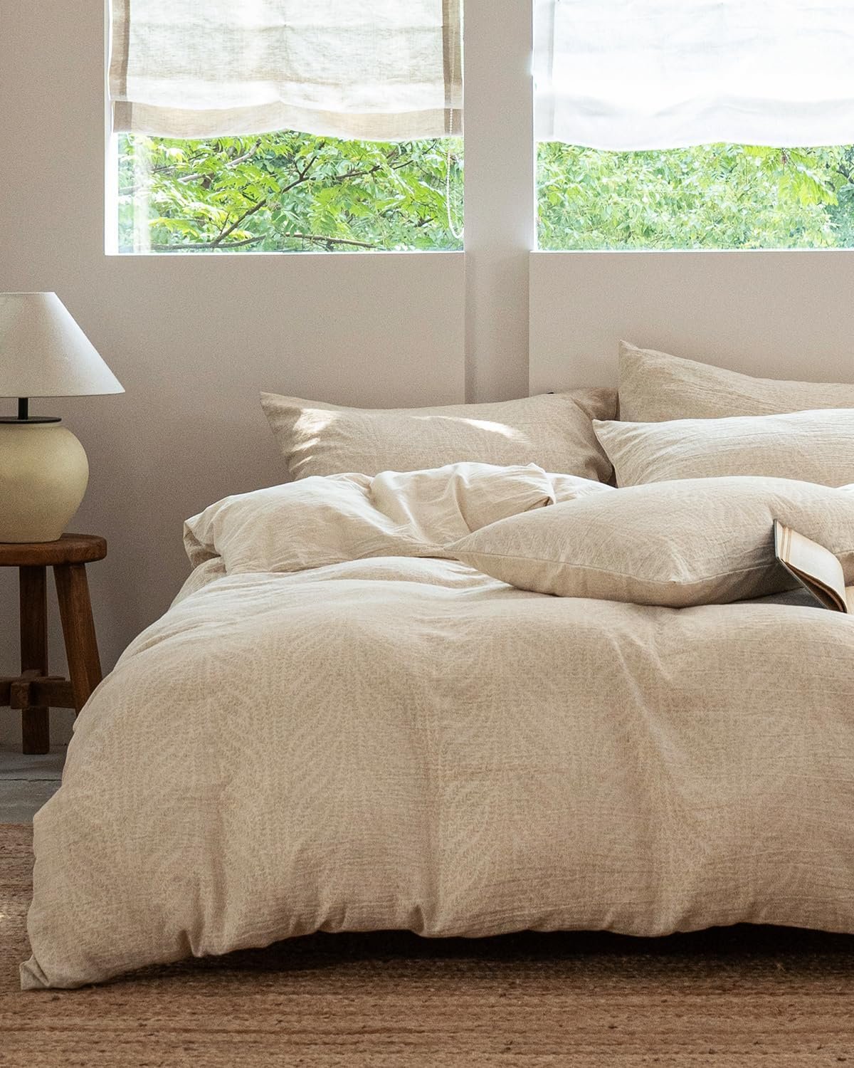 MILDLY Linen Cotton Duvet Cover – Jacquard Textured Wheat Ear Pattern Comforter Cover Set 2pcs with Zipper Closure Breathable & Minimalist for All Season