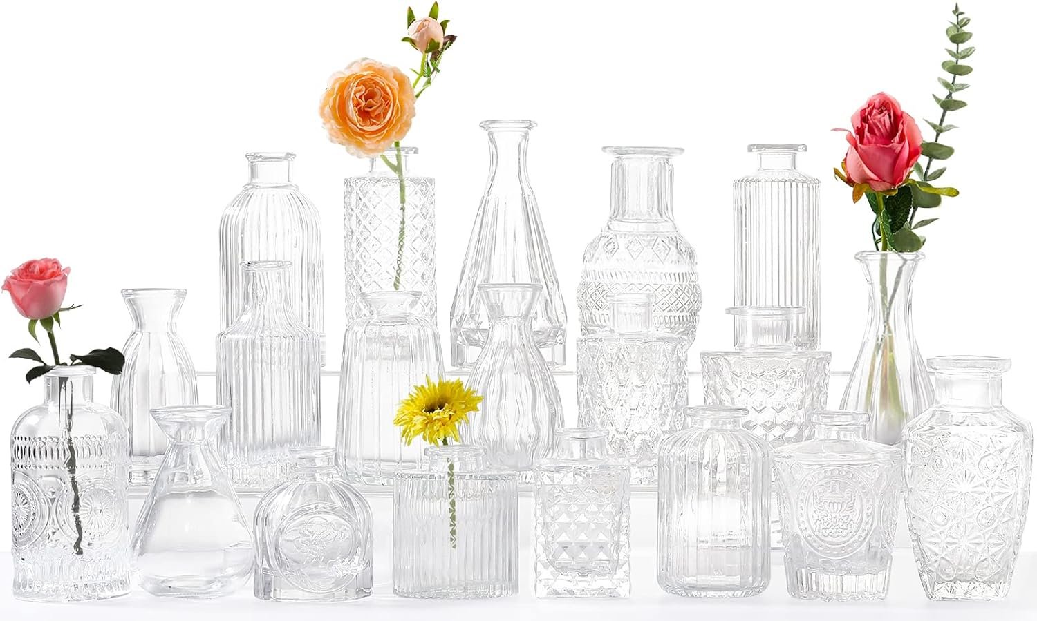 Glass Bud Vases -Set of 20 for Flowers, Small Clear Bud Vases in Bulk for Centerpieces Home Decor, Mini Glass Assorted for Rustic Wedding Floral Arrangements Home Table Decorations