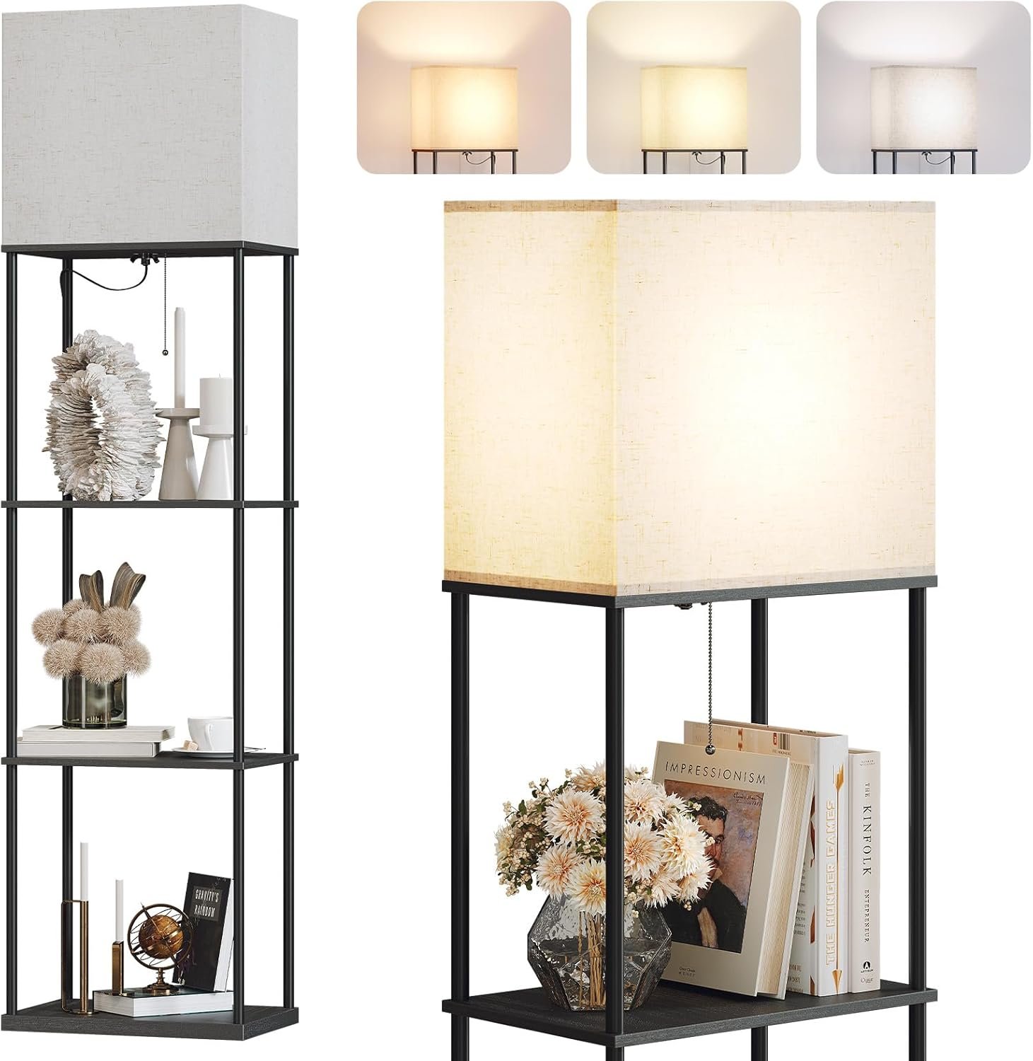 SUNMORY Large Size Floor Lamp with Shelves, 4-Tier Modern Standing Lamp with 3 Color Temperature Bulb, Tall Floor Lamp with Shelf, Corner Display Bookshelf Lamps for Living Room, Bedroom, Office