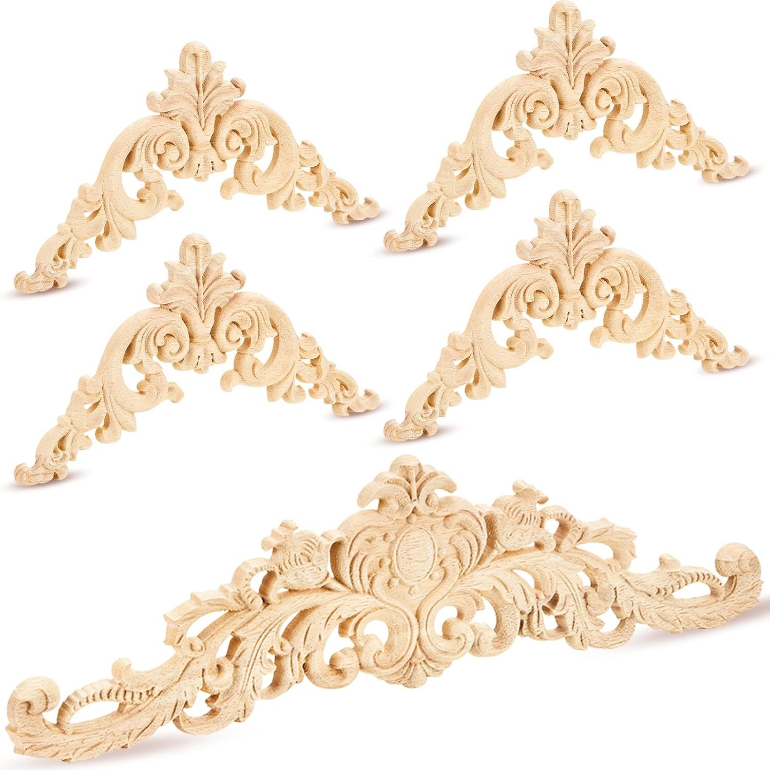 5 Pieces Wood Appliques and Onlays Wood Appliques for Furniture Decorative Wooden DIY Carved Onlay for Bed Door Cabinet Wardrobe Furniture Decoration(Large Size)