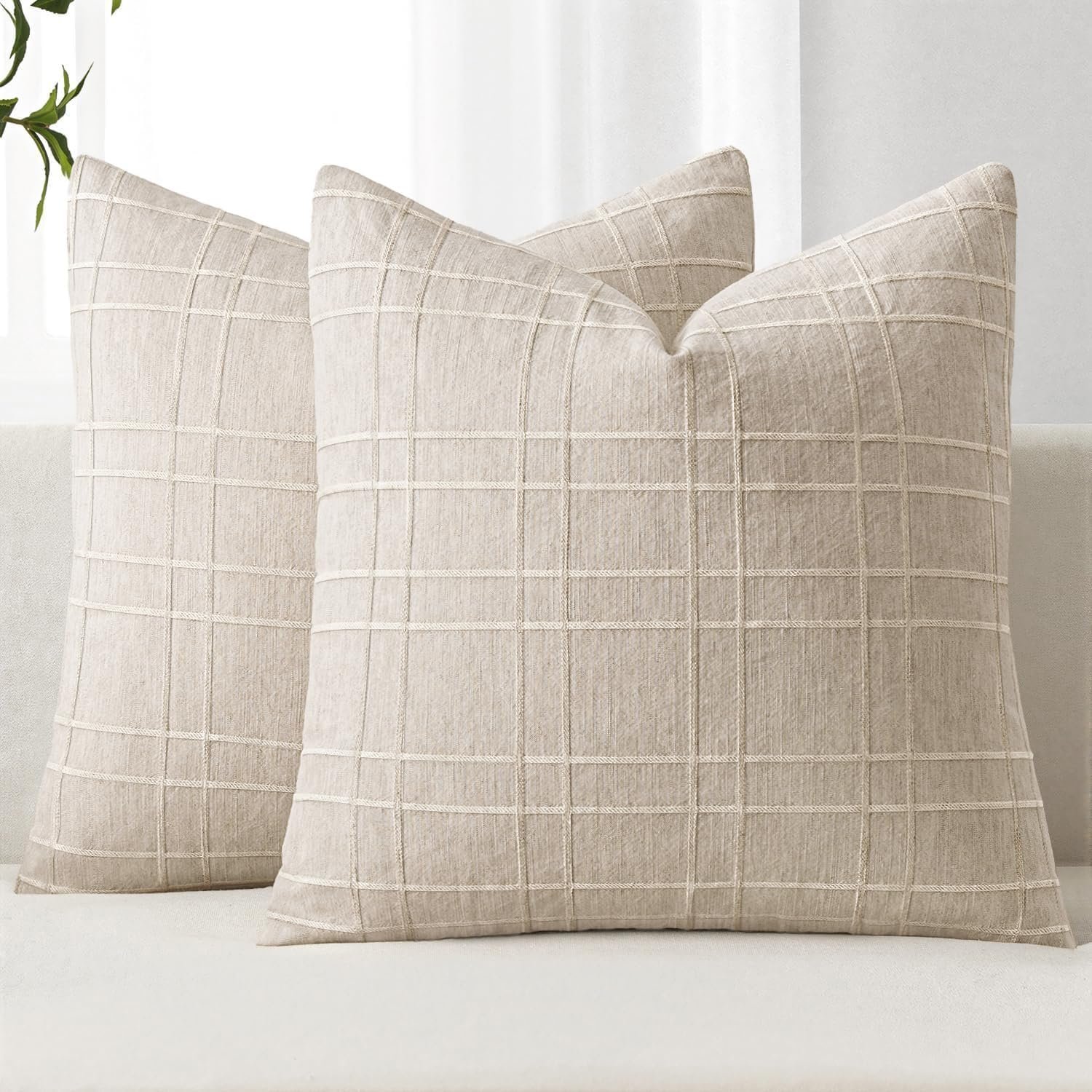 MIULEE Decorative Linen Check Throw Pillow Covers Neutral Farmhouse Vintage Christmas Pillow Covers 20×20 Set of 2 Boho Modern Home Decor for Sofa Couch Bedroom Cushion Natural Beige