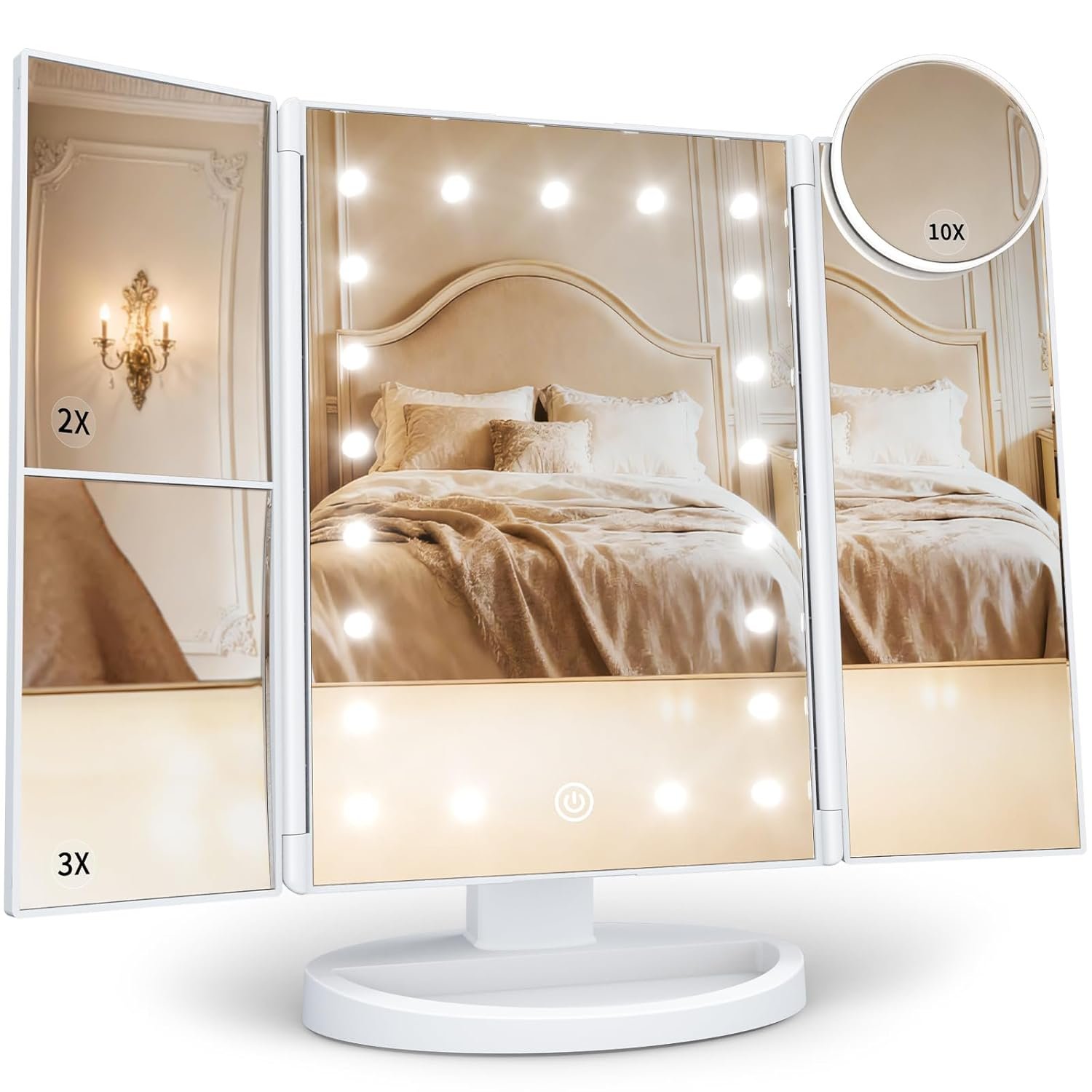 HUONUL Makeup Mirror, Vanity Mirror with Lights, 2X/3X/10X Magnification, Touch Control, Trifold Mirror, Dual Power Supply, Valentines Day Gifts for Her,Gifts for Women, Wife, Mom, Teengirls