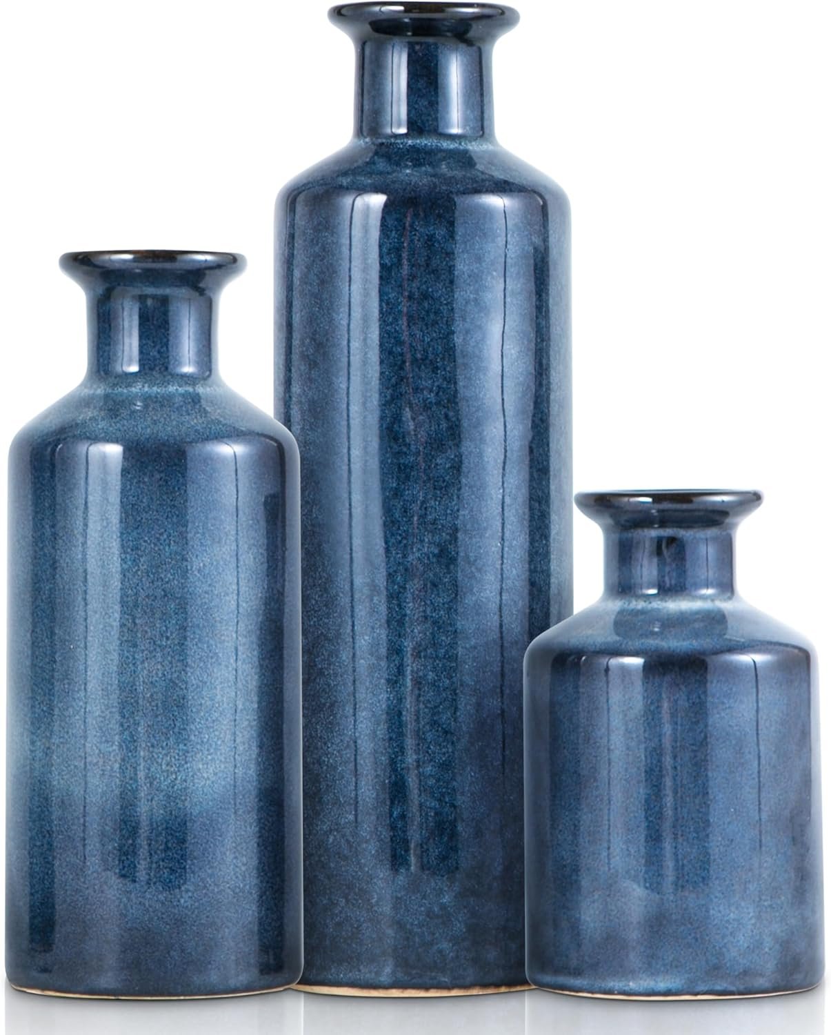 Mowtanco Blue Ceramic Vase Set of 3 Small Vases, Modern Farmhouse for Home Decor Bottles, Rustic Terracotta Vase Decorative Vases for Table,Fireplaces Decor, Bookshelf, Living Room