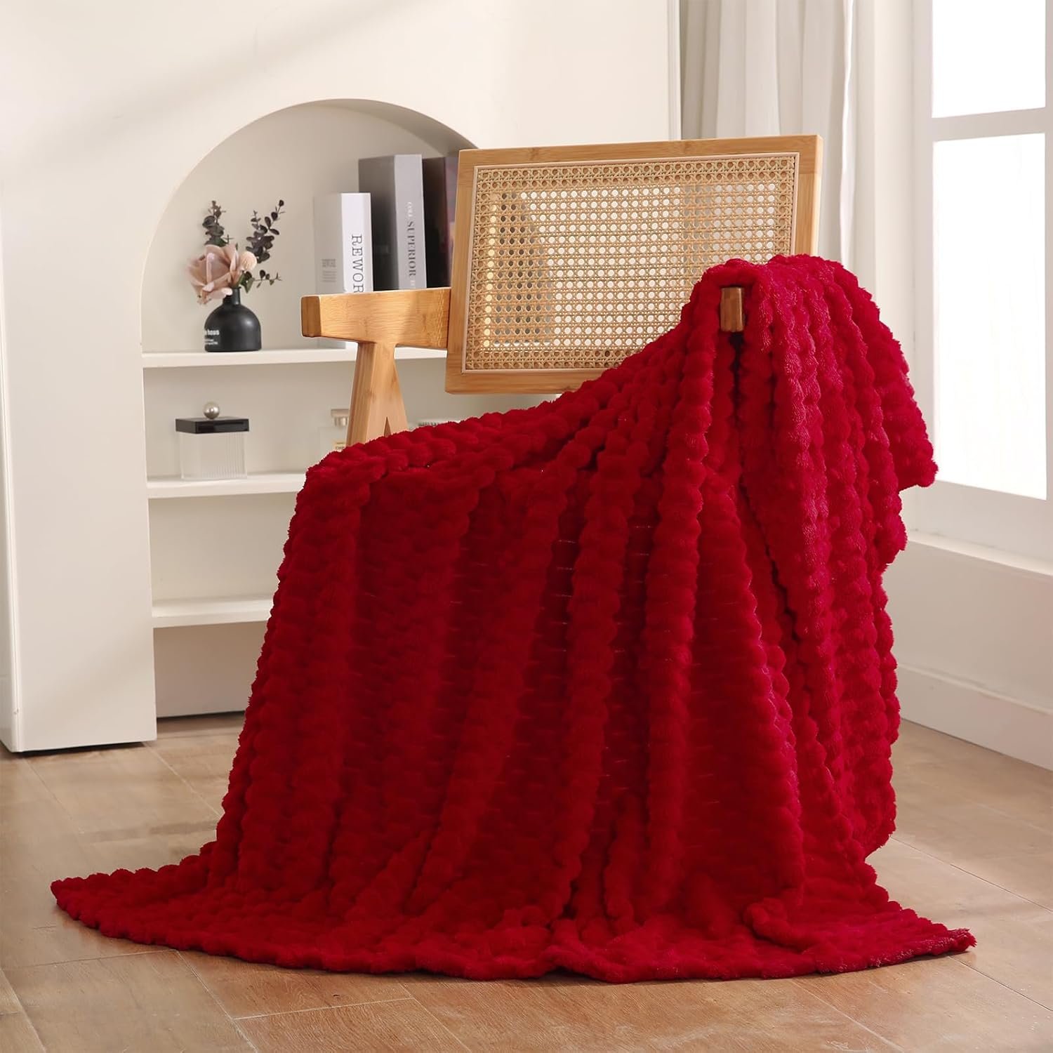 Red Throw Blanket 50″×60″ inches Gifts for Mom Fuzzy 3D Jacquard Decorative Flannel Fleece Super Soft Plush Cozy Blanket for Couch Sofa Chair Lightweight