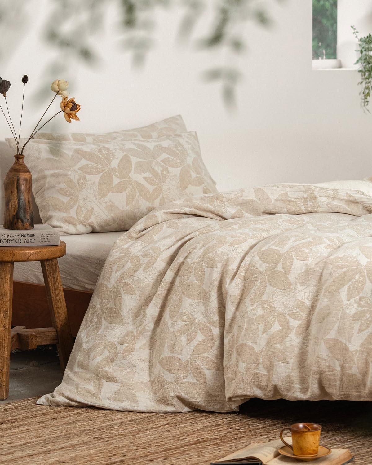 MILDLY Linen Cotton Duvet Cover – Jacquard Textured Leaves Comforter Cover Set 3pcs with Zipper Closure Breathable & Minimalist for All Season