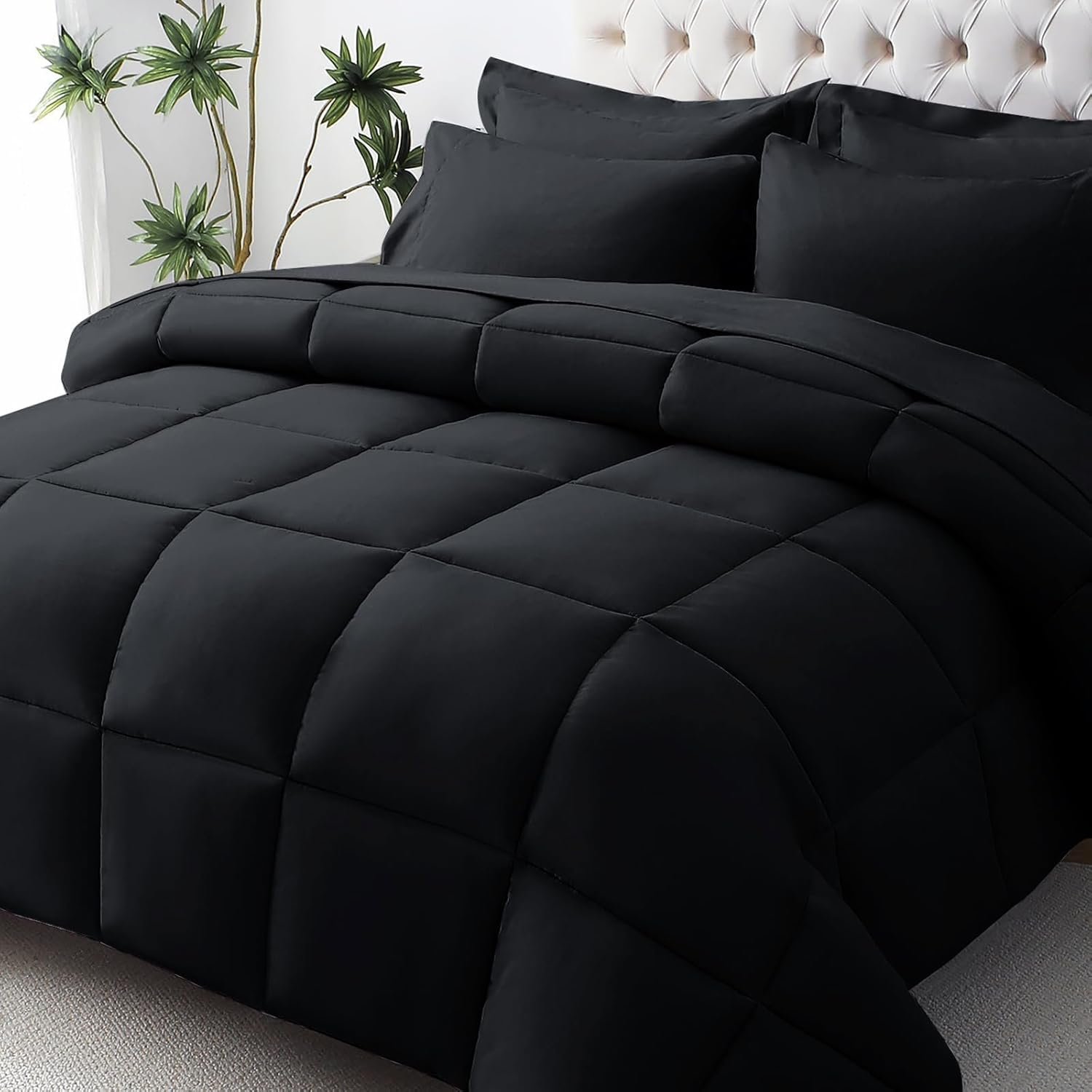 JOLLYVOGUE Queen Comforter Set, Ultra-Soft Bed in a Bag Queen Size 7 Pieces, Oeko-TEX Certified Bedding Set with Down Alternative Comforter, Sheets, Pillowcases & Shams, Black