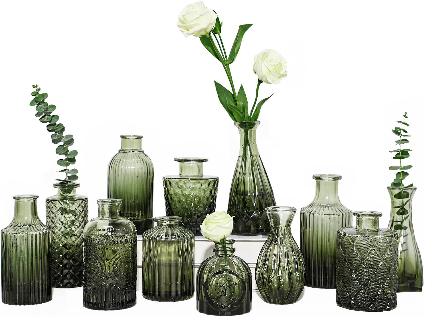 12pcs Green Glass Bud Vases Set, Small Vases for Flowers, Bud Vase for Centerpieces in Bulk, Mini Vintage Vase for Wedding Decorations, Office and Home Table Flower Décor