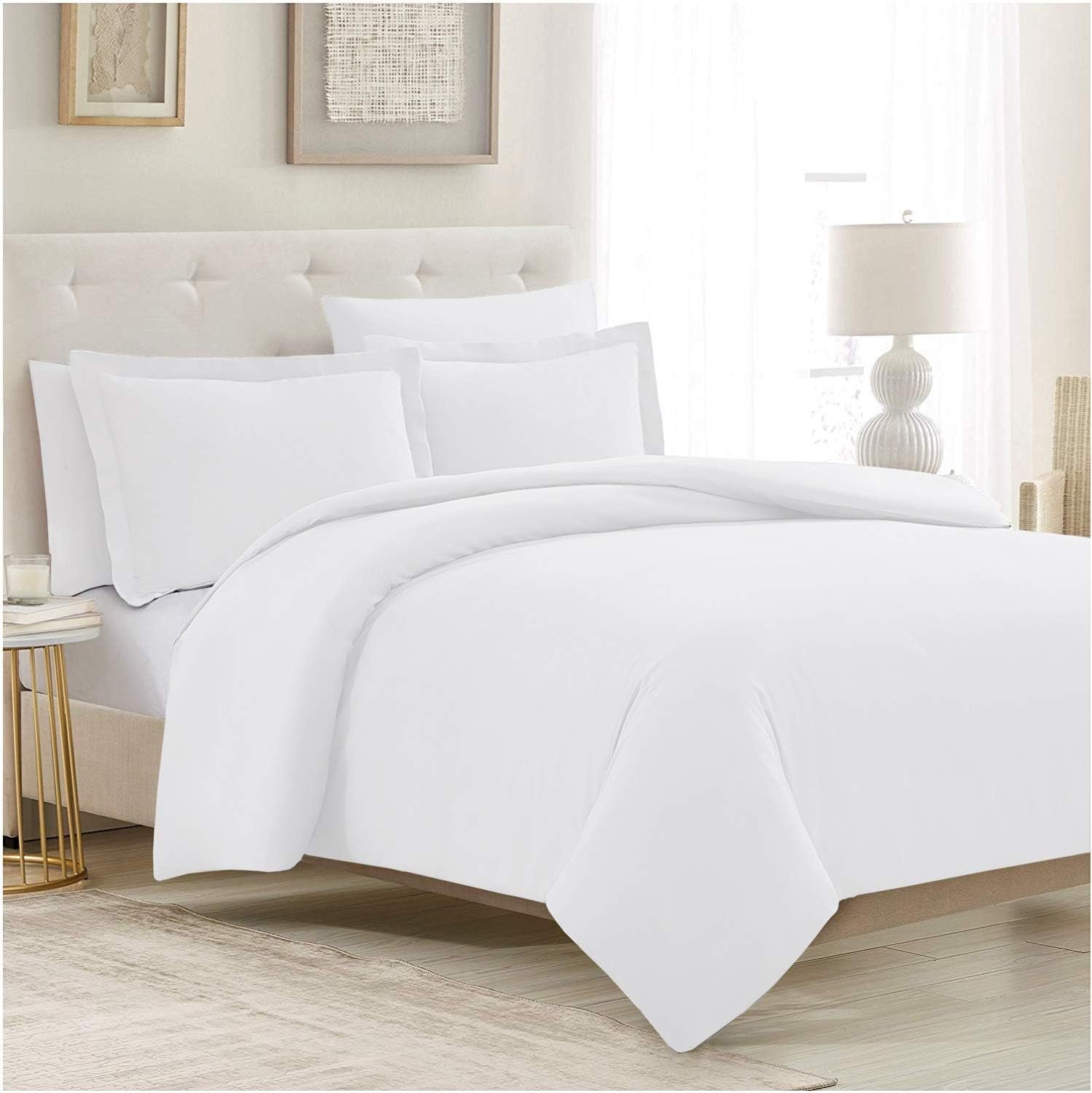 Mellanni Duvet Cover Set – 5 PC Iconic Collection Bedding Set – Hotel Luxury, Extra Soft & Cooling – Microfiber – Button Closure and Corner Ties (Queen, White)