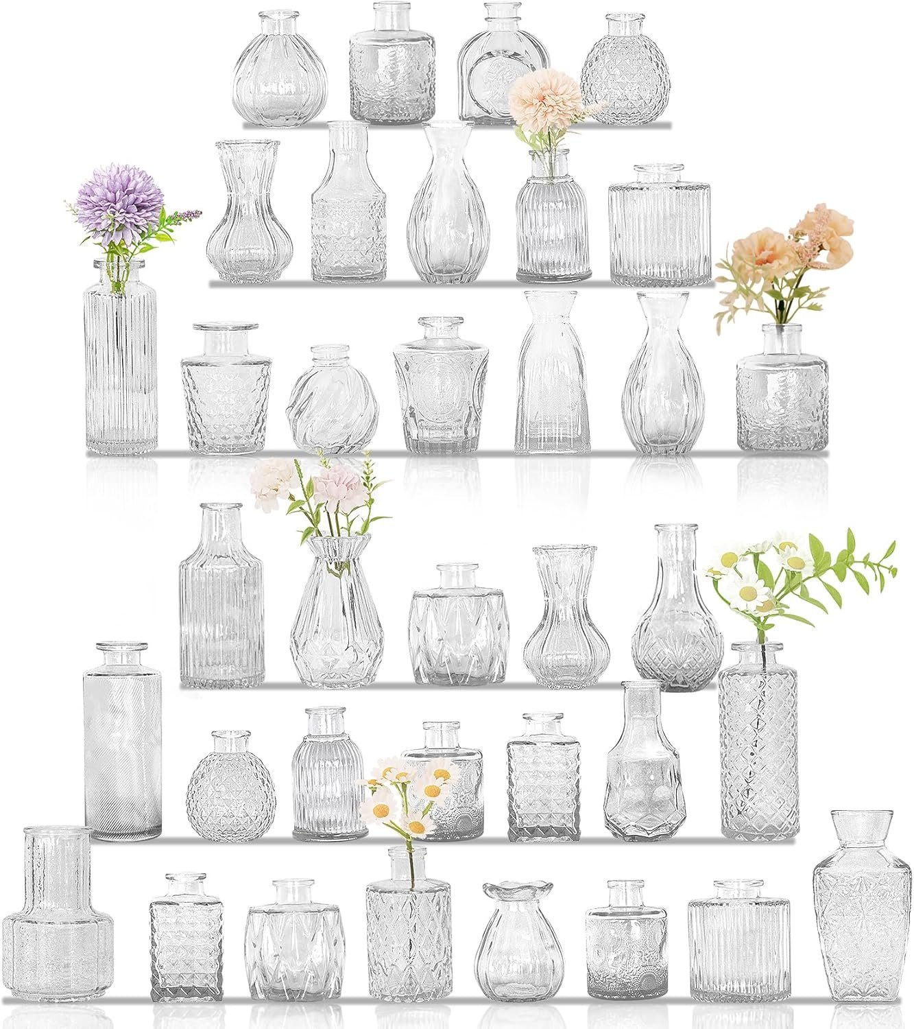36Pcs Bud Vases Set Small Vintage Glass Bottles Clear Bud Vases in Bulk Multiple Shape Cute Glass Vases for Rustic Wedding Centerpieces Table Decorations and Home Decor(Clear)