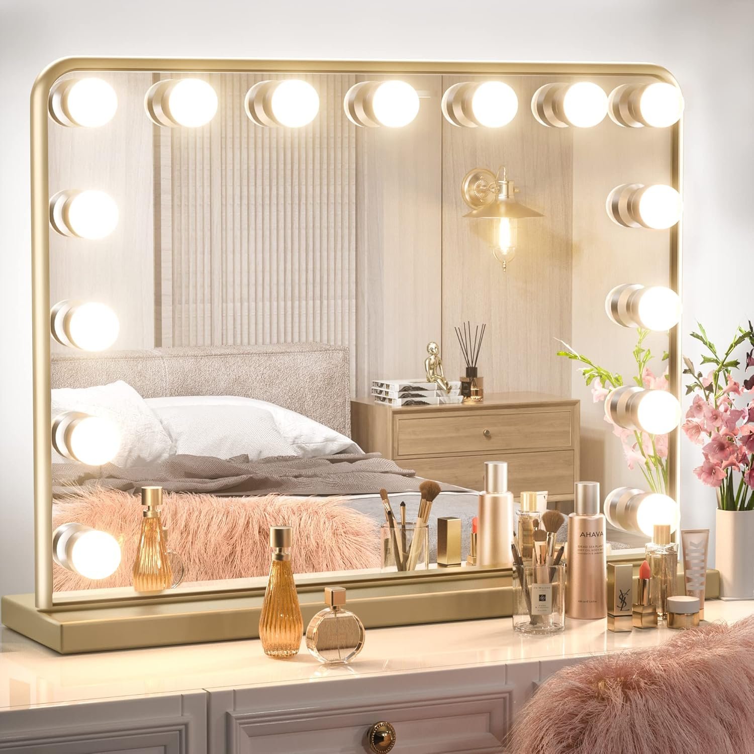 Keonjinn Gold Vanity Mirror with Lights 23″ x 18″, 15 LED Bulbs Hollywood Makeup Mirror with 2 Replacement Bulbs, 3 Color Lights, Aluminum Metal Frame, USB Charging Port for Gift Birthday Anniversary