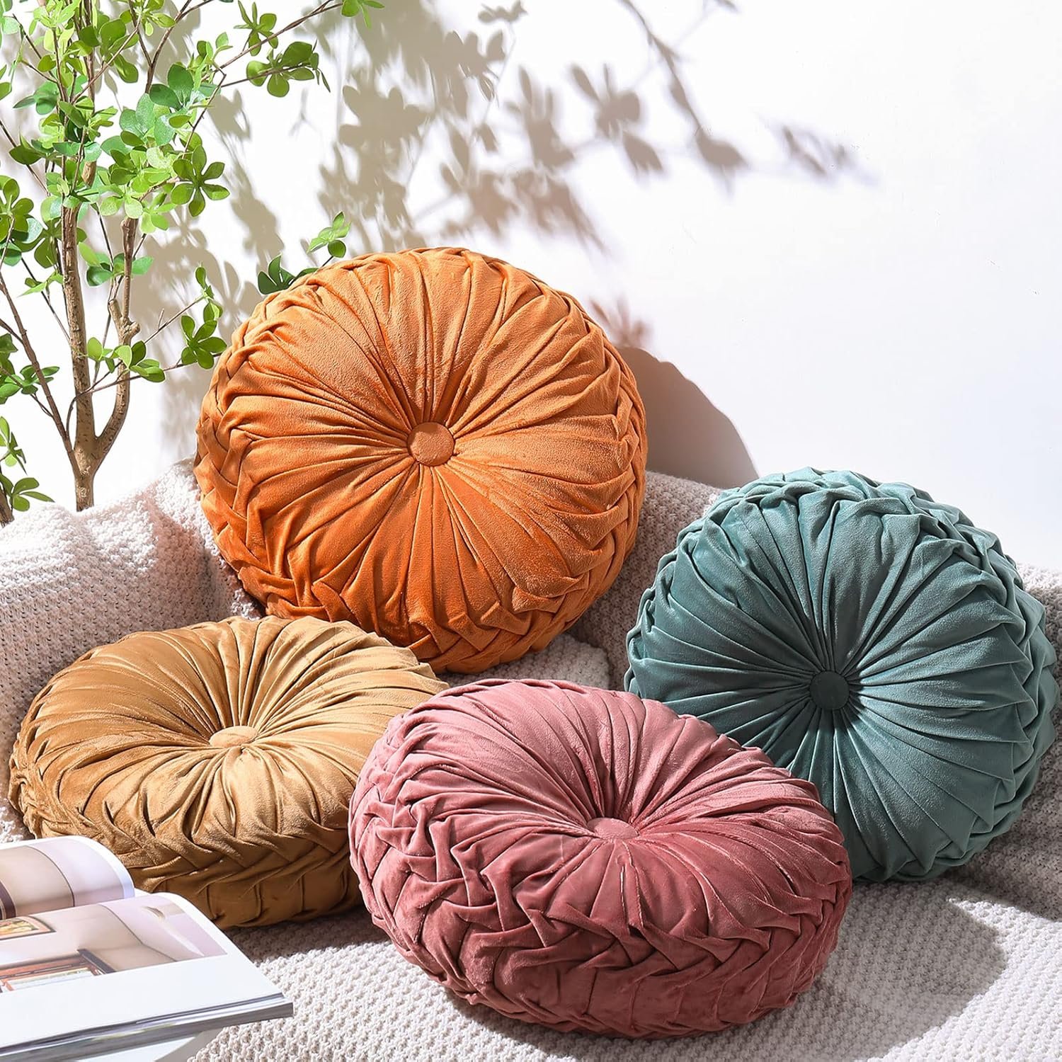 Kathfly Set of 4 Decorative Round Pleated Throw Pillows, Classy Velvet Pumpkin Round Throw Pillows, Decorative Floor Pillow for Bed Chair Home Sofa Decor, 14″ Diameter(Colorful)