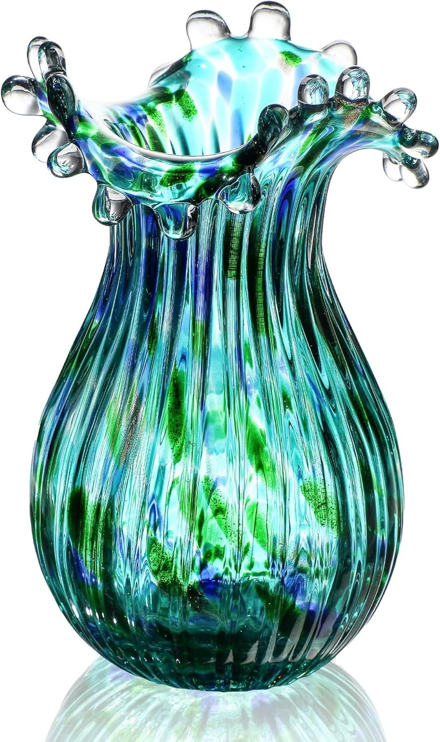 Green Glass Bubble Vase for Flowers, 8.5″ Blown Glass Vase for Home Decor, Modern Art Flower Vases Decorative | Table Centerpiece, Olive Plant, Wedding, Living Room, Bookshelf, Office, Entryway