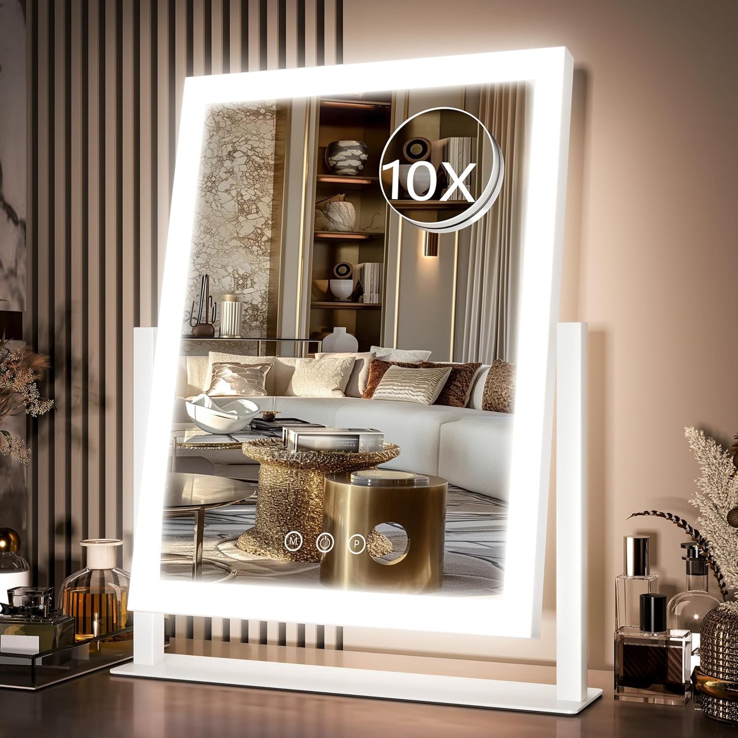 Hollywood Vanity Mirror with Lights, 17″ L x 13″ W LED Lighted Makeup Mirror, Dimmable & Three Color Lighting Modes, 10X Magnification Mirror, CRI>95% HD, 20W High Brightness (96 LED)