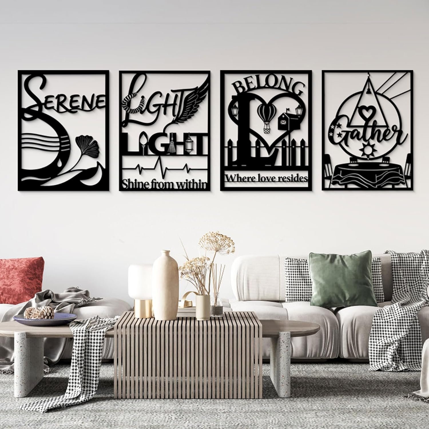 GlintHome Black Metal Wall Decor – Letter (Light/Belong/Serene/Gather) Large Wall Art for Living Room Bedroom Office Home Decor