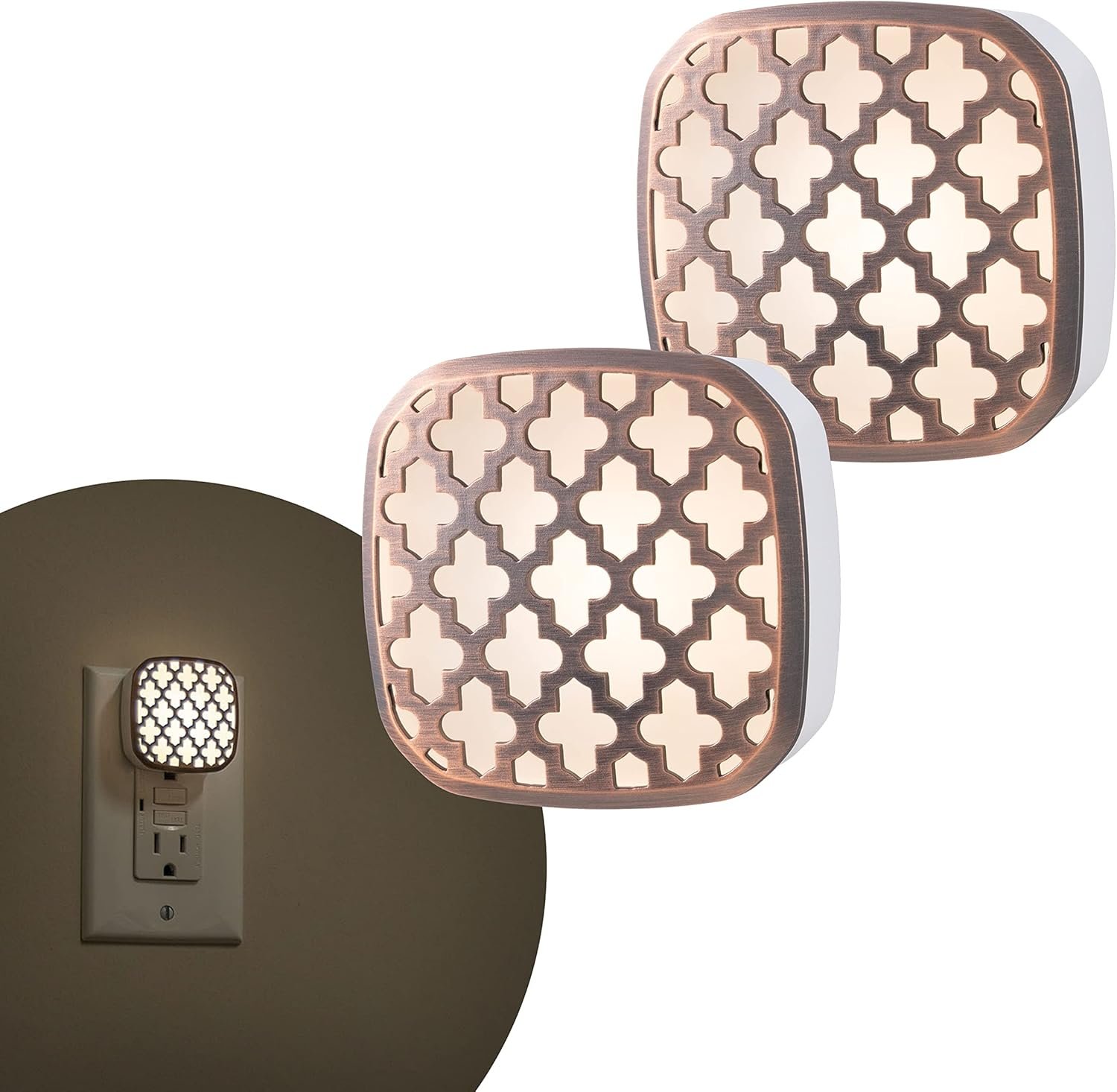 Lights by Night Decorative LED Night Light, Oil-Rubbed Bronze Moroccan Design, Plug-in, Dusk to Dawn Sensor, UL-Certified, Home Decor, Ideal for Bedroom, Bathroom, Kitchen, Hallway, 55164, 2 Pack