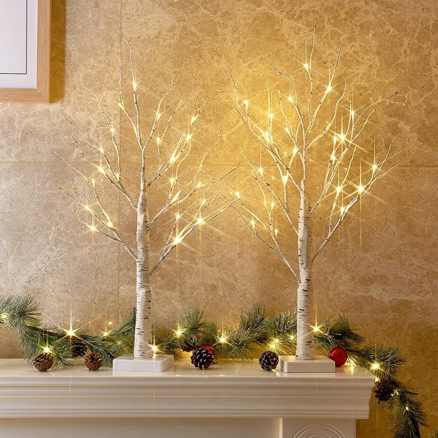 PEIDUO Christmas Decorations Indoor, 2 FT Birch Tree with LED Lights, Fairy Light Spirit Tree for Christmas Decor, Warm White Lighted Birch Trees for Home Decor Indoor, Battery Powered, Timer (2PK)
