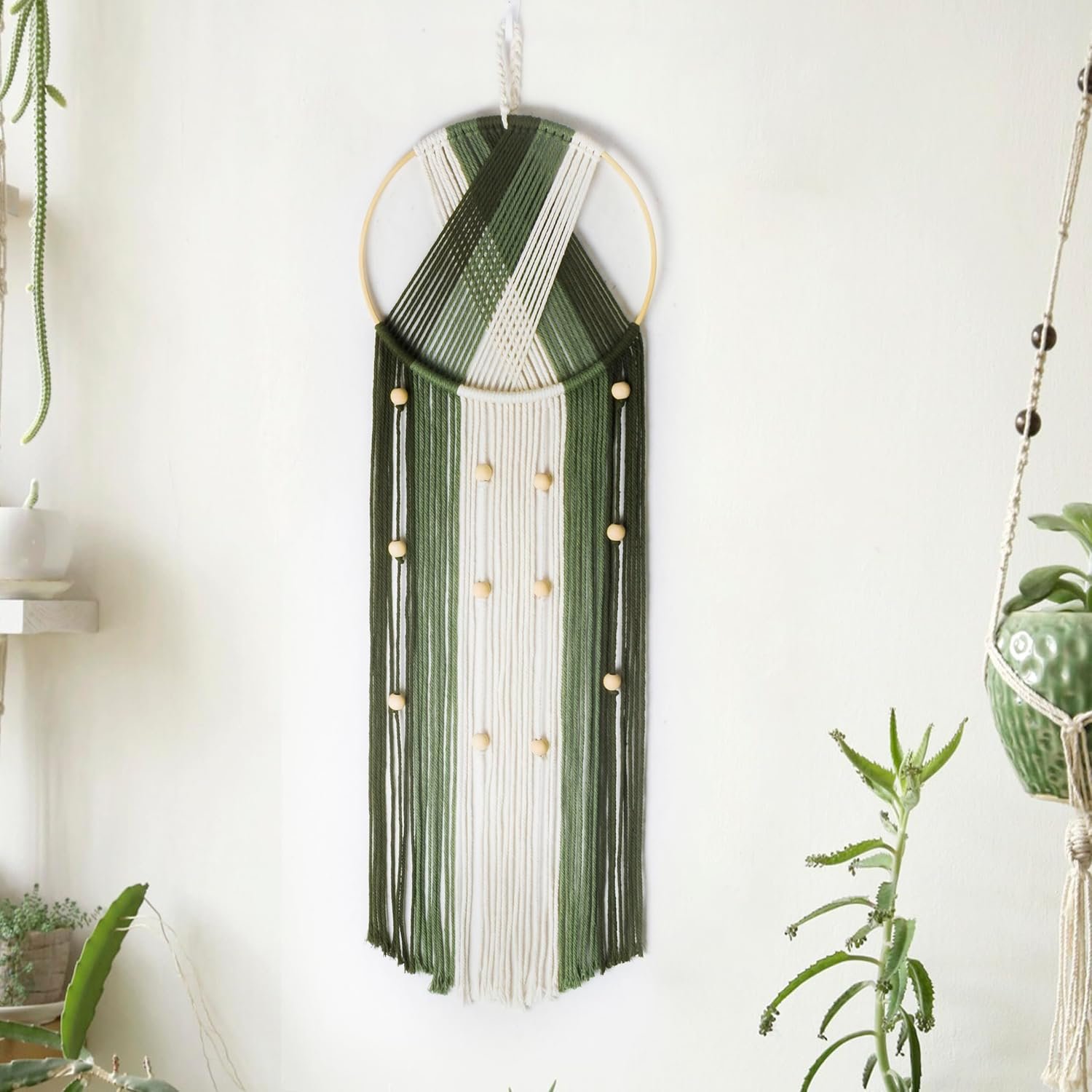 LB Boho Macrame Wall Hanging – Green and Beige Handmade Cotton Woven Decor, Modern Geometric Bohemian Tapestry Wall Decor for Bedroom Living Room Home (31.5″x9.84″) Nature-Inspired Room Decor