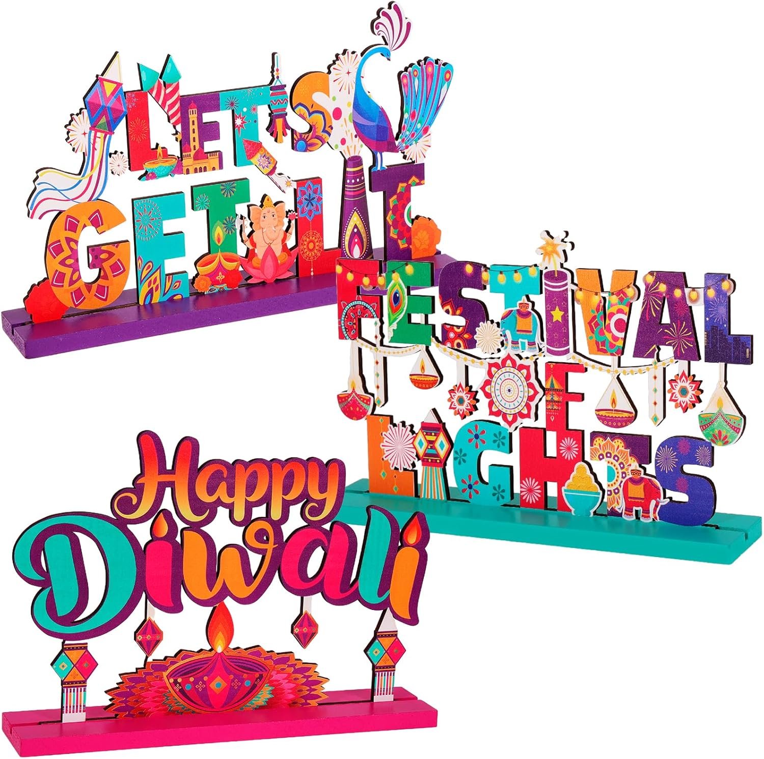 HOWAF 3pcs Happy Diwali Wooden Table Centerpiece for Home, Diwali Decoration Wooden Tabletop, Festival of Lights Let’s Get Lit Pattern Centerpiece for Diwali Home Desktop Decor