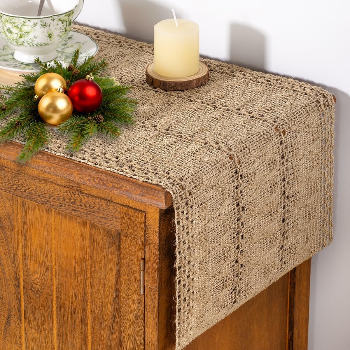 Socomi Boho Table Runner Valentine’s Day Farmhouse Burlap Jute Bamboo Rustic Dining Kitchen Centerpiece Decor Small Macrame Woven Coffee Table Runner for Dresser Scarf Home Decor 12×36 inch