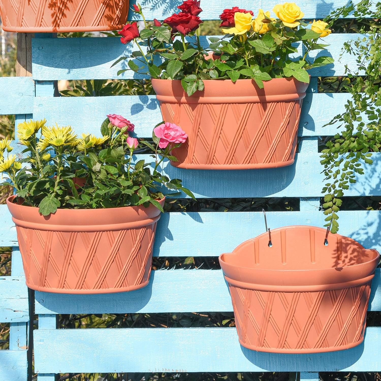 Sungmor Wall Hanging Planters,11.5 Inch Hanging Flower Pots for Railing Fence – Indoor Outdoor Balcony Wall Hanging Basket, Plastic Plant Pot Container – Half Round & 3PC Pack & Brick Red