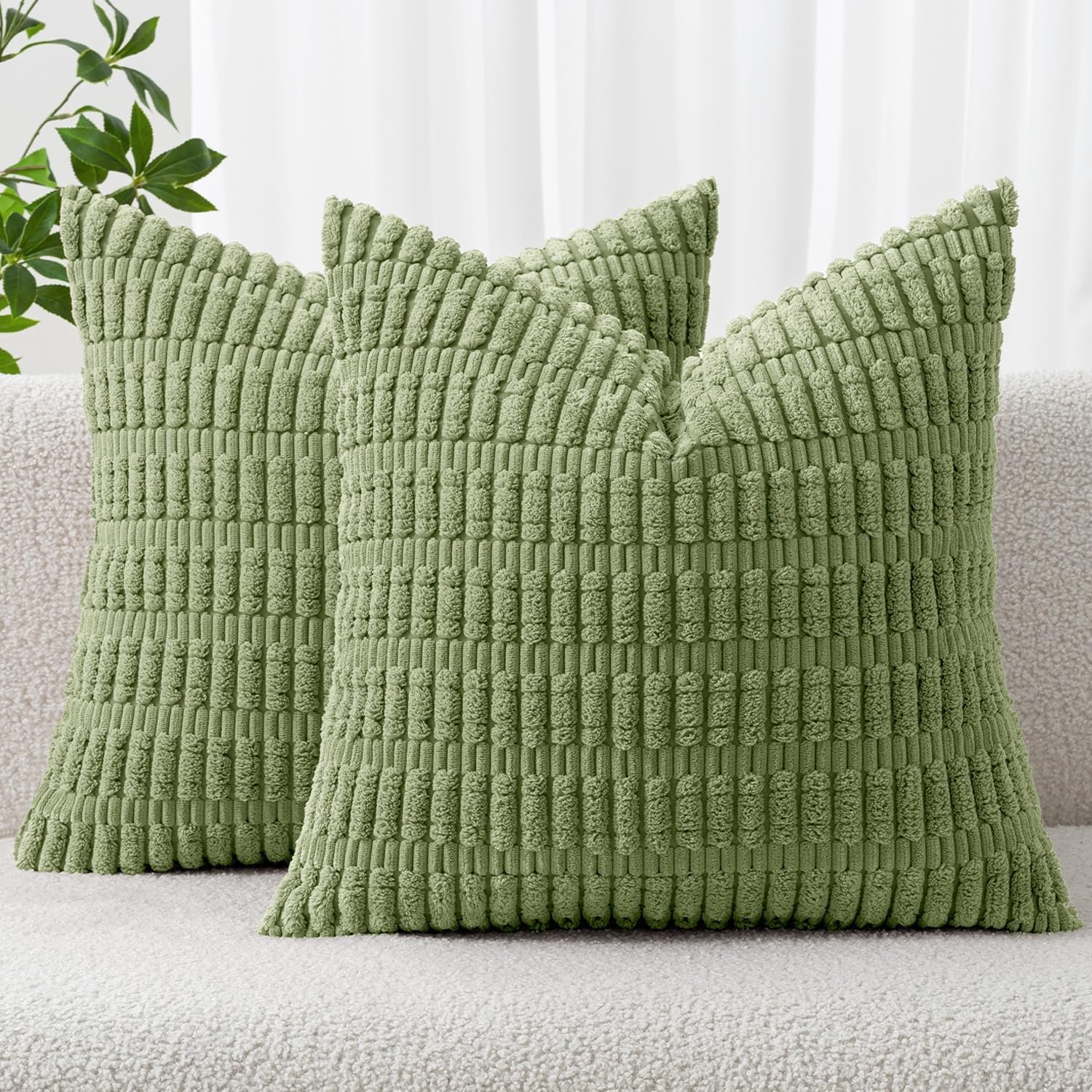 MIULEE Pack of 2 Spring Corduroy Decorative Throw Pillow Covers 18×18 Inch Soft Boho Striped Pillow Covers Modern Farmhouse Home Decor for Summer Sofa Living Room Couch Bed Sage Green