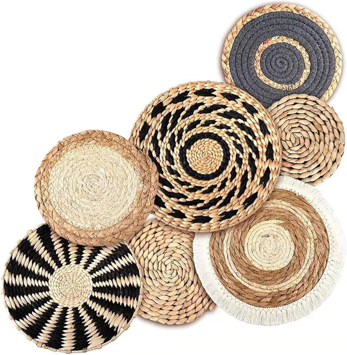 Rattan Wall Decor Round Woven Wall Decor 7Pcs Rattan Flower Woven Tapestry Natural Rustic Woven Wall Basket Decor Boho Wall Art for Bedroom, Living Room, Bathroom.