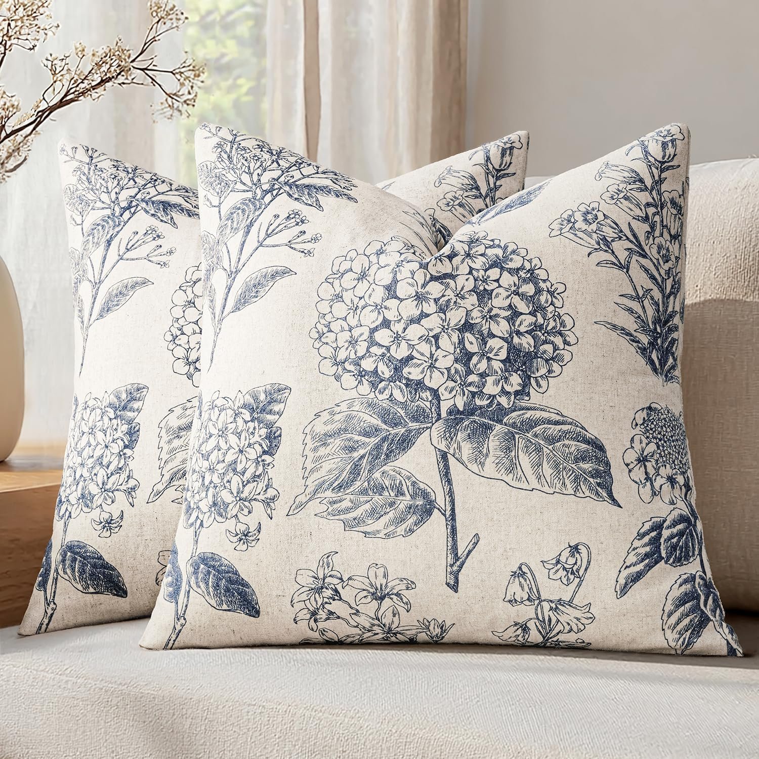 Set of 2 Decorative Floral Pillow Covers Boho Vintage Pillows Farmhouse Couch Covers for Sofa Bedroom Living Room Home Decor 18×18 Inch Light Blue