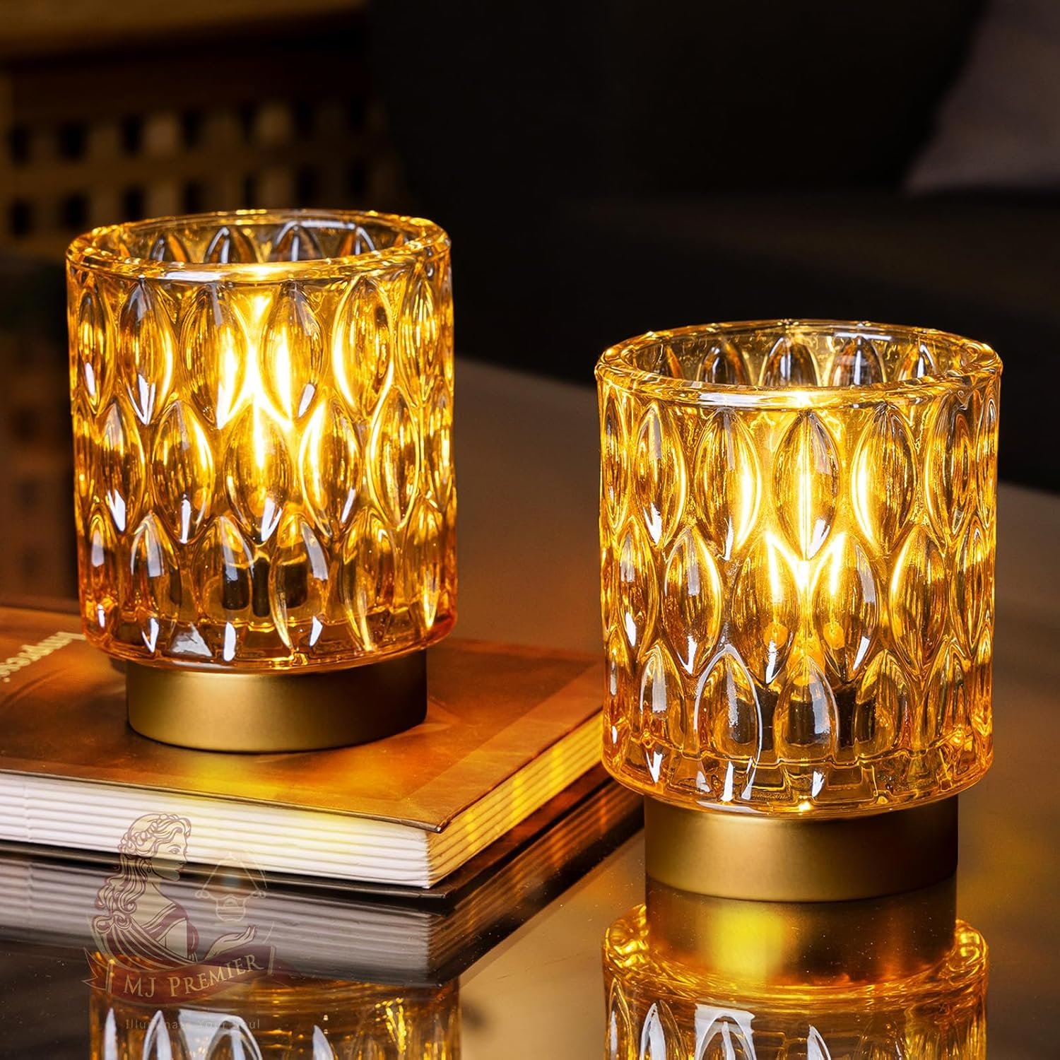 Battery Operated Table Lamps Timer, Mini Crystal Lamp for Area No Plug, Cordless Lamp with LED Bulb for Power Outage, Decorative Lamps for Tabletop/Corner/Entryway/Stairway/Bathroom/Fireplace(2*AMBER)