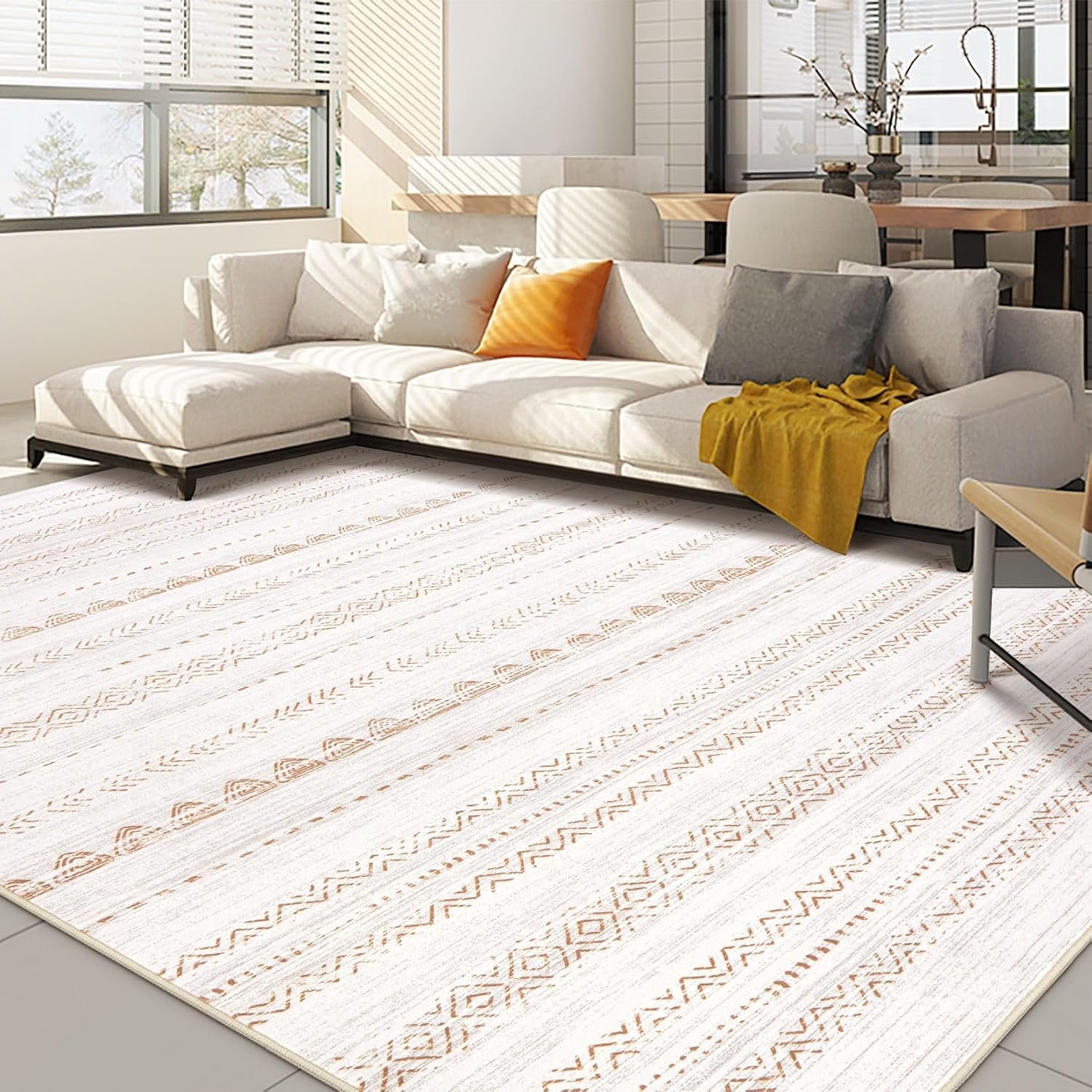 Nakagishi Area Rug Living Room Rugs: 5×7 Washable Boho Large Neutral Farmhouse Soft Moroccan Stain Resistant Indoor Carpet for Bedroom Nursery Kids Playroom Office Dining Room Home House Decor- Brown