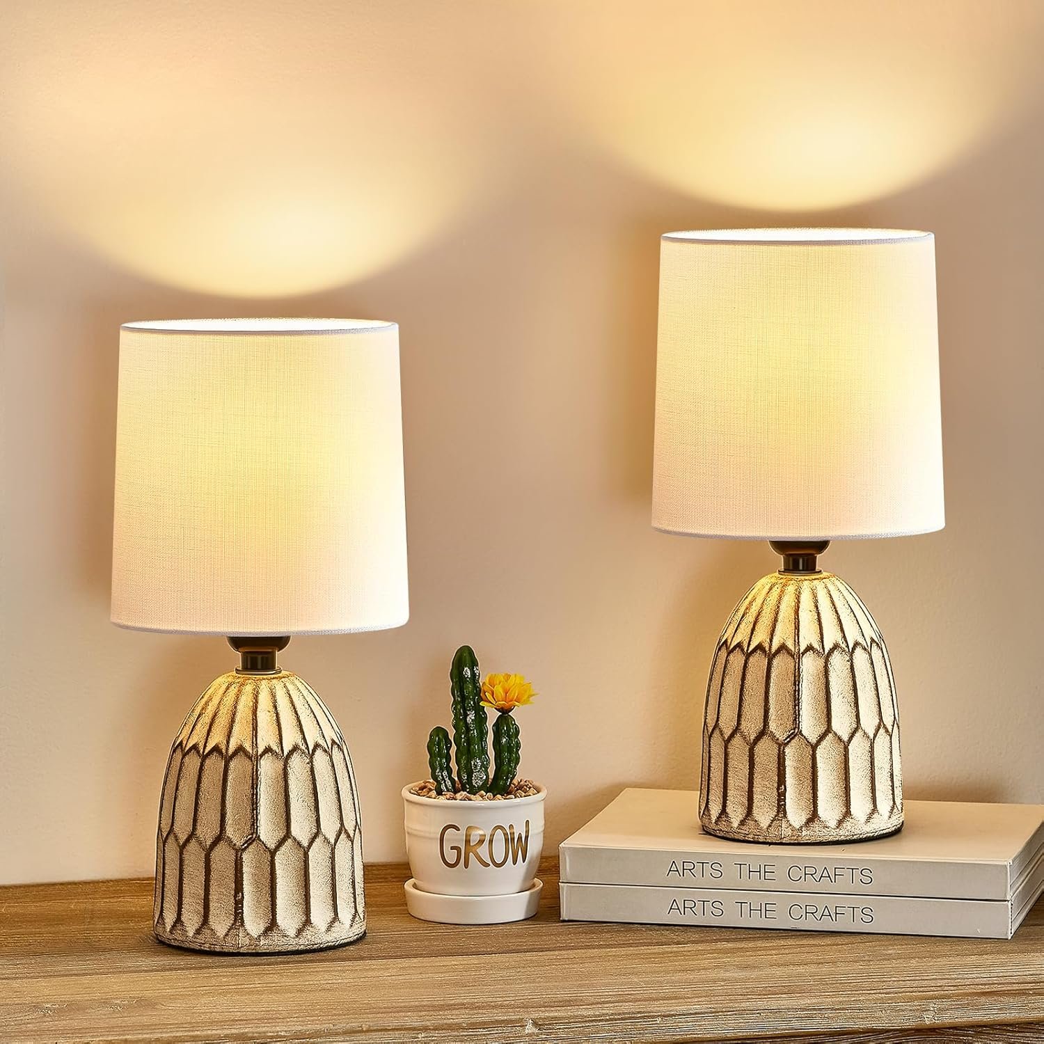 Table Lamps Set of 2-13.5″ Small Boho Lamp – Bedside Lamps – Farmhouse Rustic Ceramic Table Lamp for Bedroom, Living Room, Nightstand, Office, Side Desk Lamp, End Table Lamp